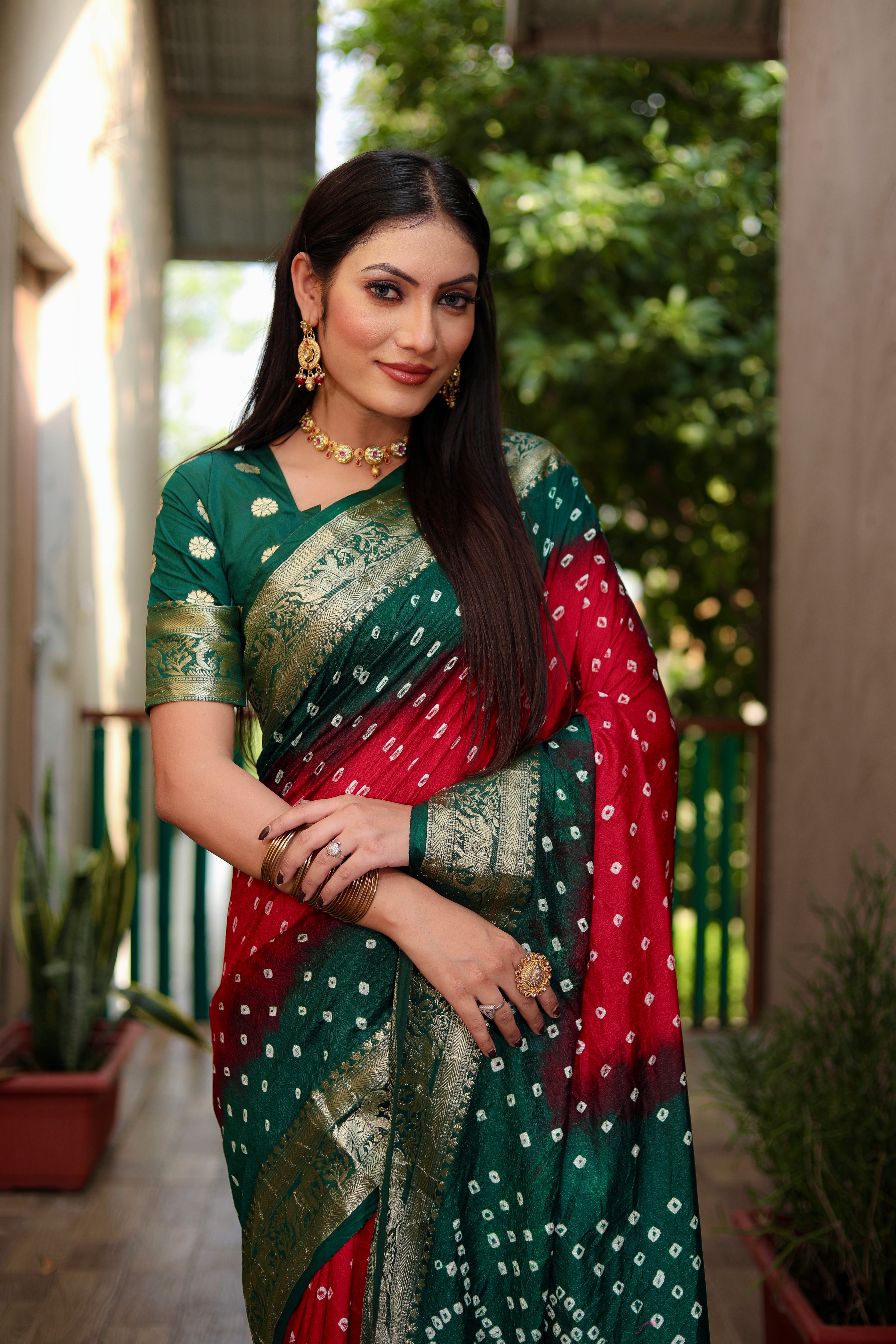 Beautiful Bandhej design saree with Zari Weaving