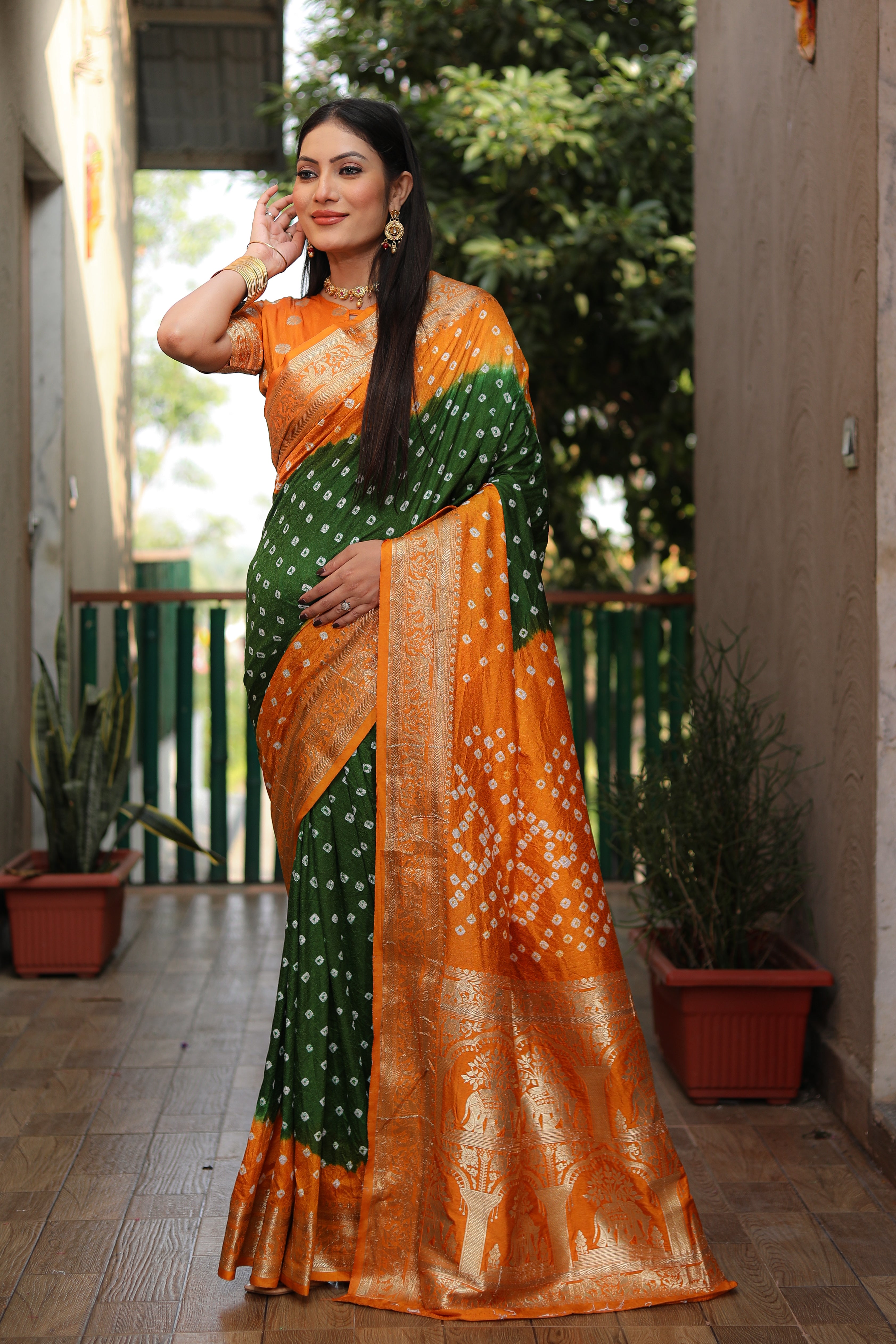 Beautiful Bandhej design saree with Zari Weaving