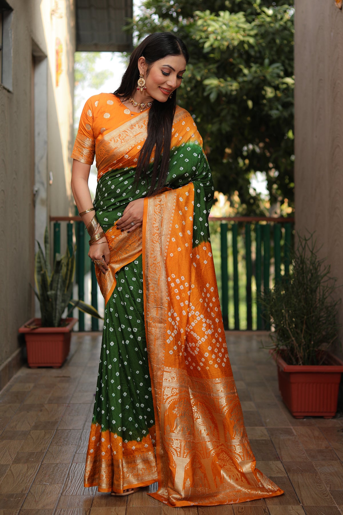 Beautiful Bandhej design saree with Zari Weaving