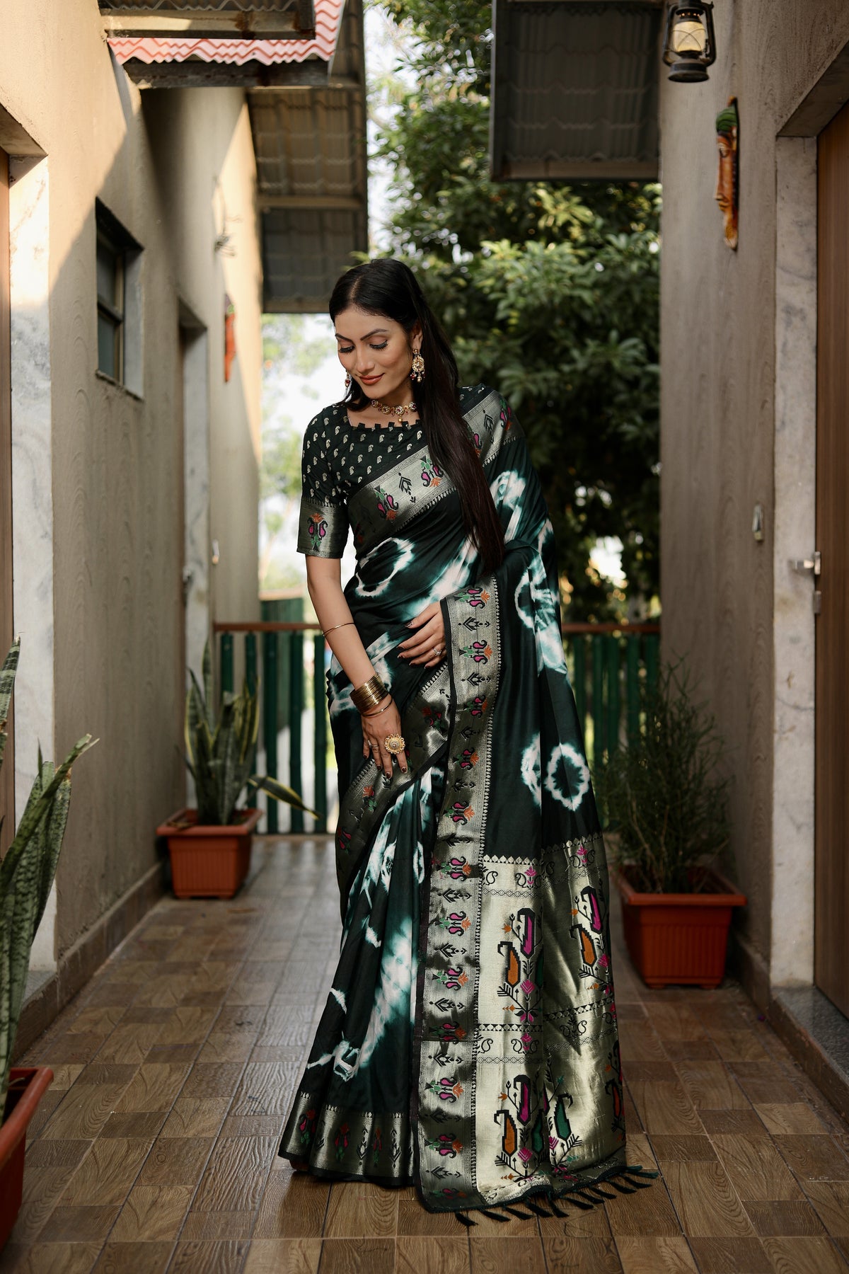 Dark Green Beautiful Soft Silk Sibory Print With Gold Zari &  Minakari Weaving