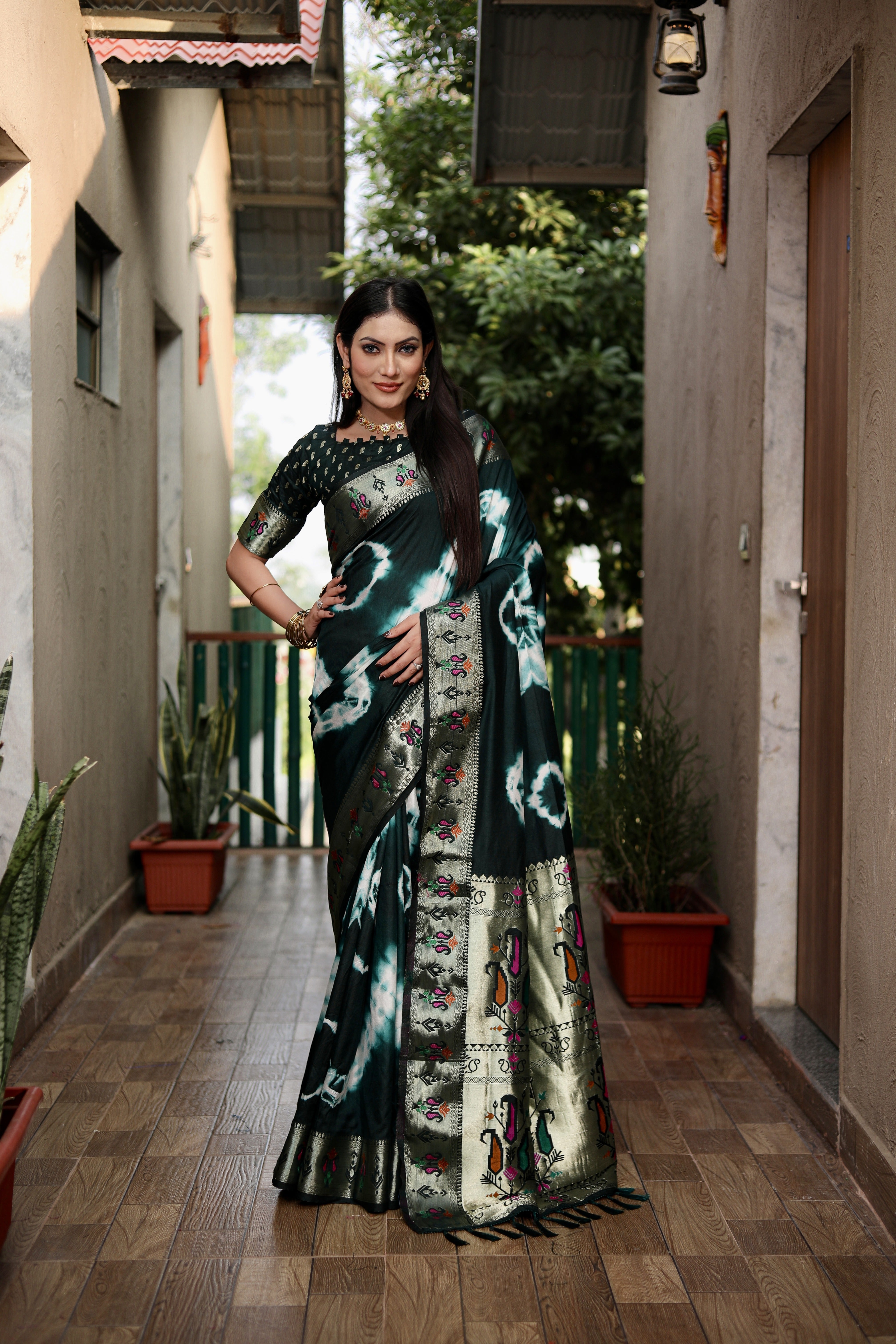 Dark Green Beautiful Soft Silk Sibory Print With Gold Zari &  Minakari Weaving