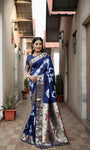 Blue Beautiful Soft Silk Sibory Print With Gold Zari &  Minakari Weaving