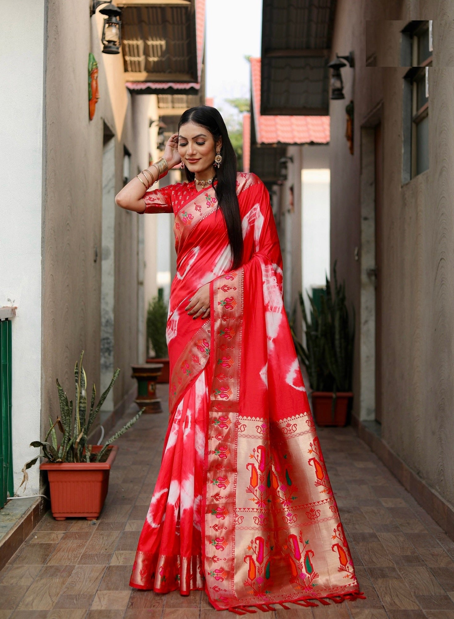 Red Beautiful Soft Silk Sibory Print With Gold Zari &  Minakari Weaving