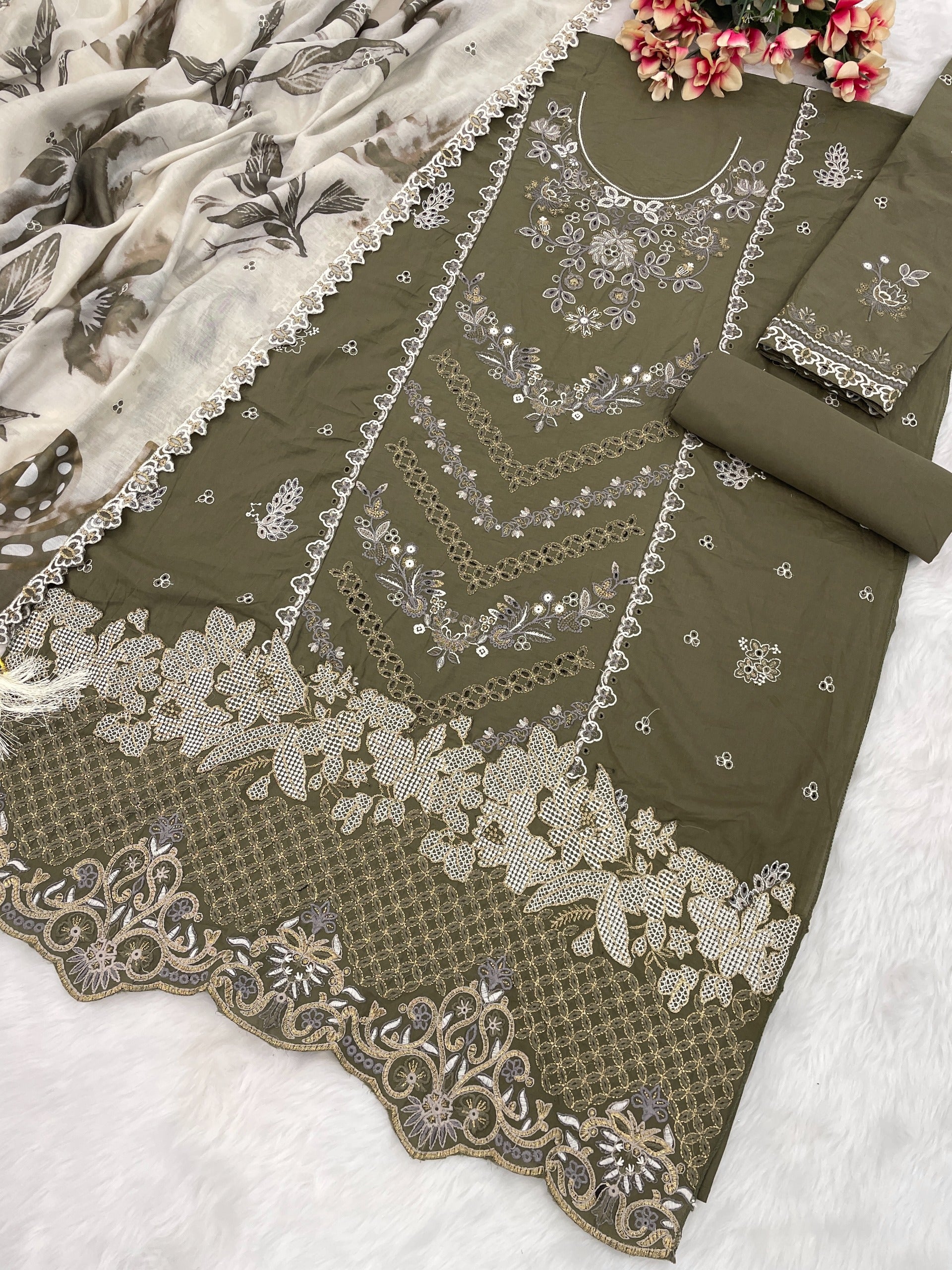 Pure Cambric Cotton with Embroidered Sequence work Suit