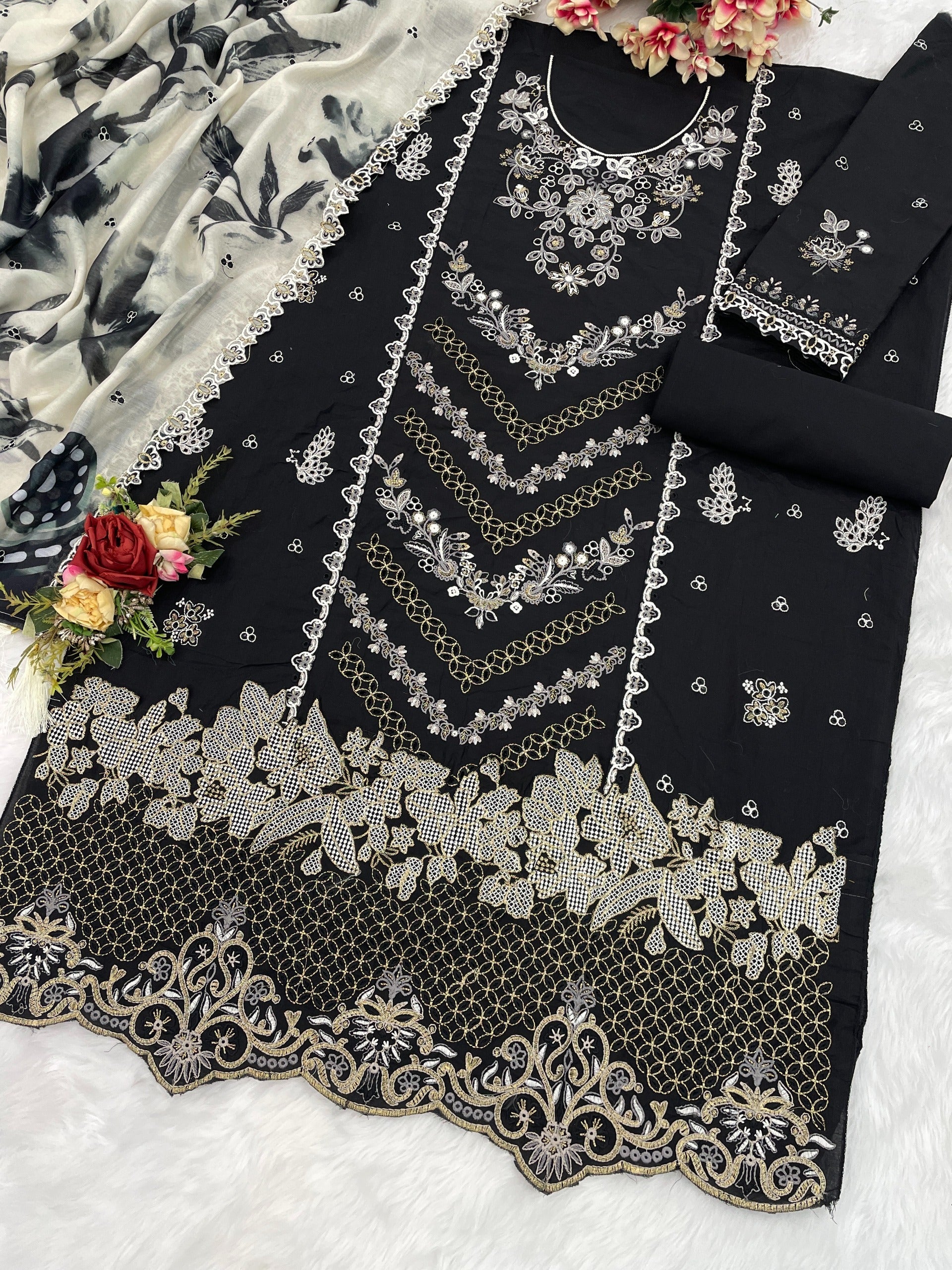 Pure Cambric Cotton with Embroidered Sequence work Suit