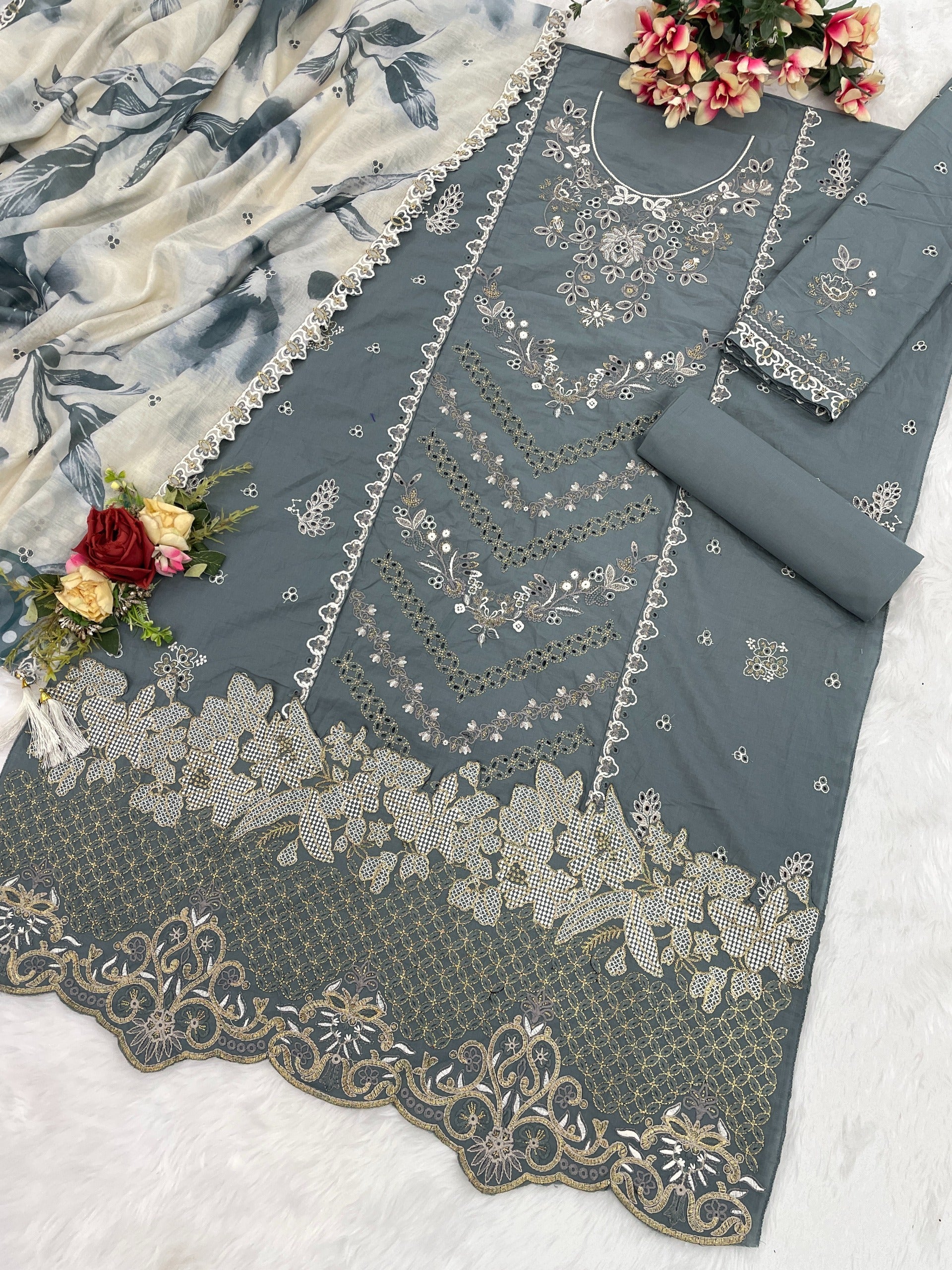 Pure Cambric Cotton with Embroidered Sequence work Suit