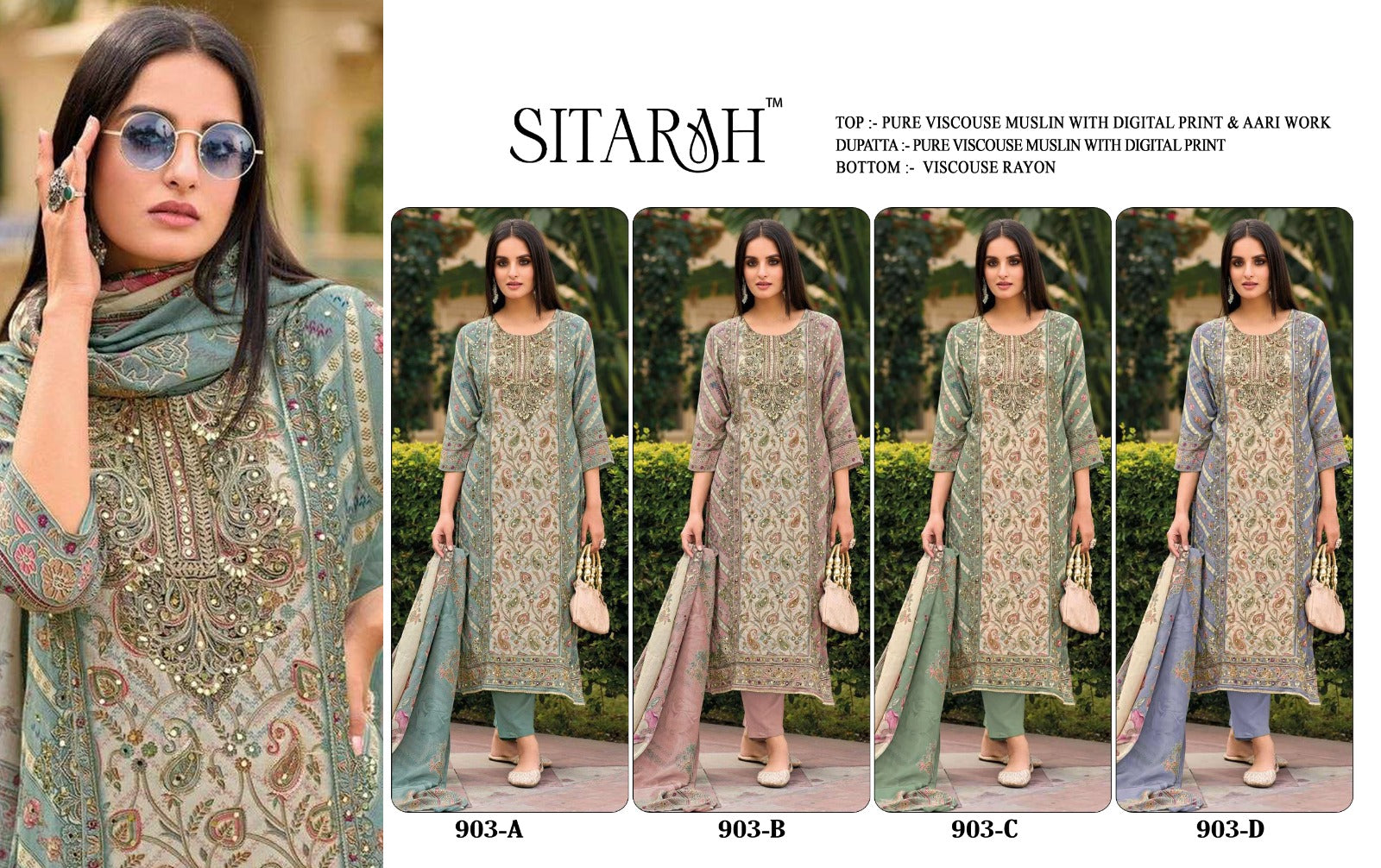 Pure Viscouse Muslin Digital print with Aari work & Mirror work Suit
