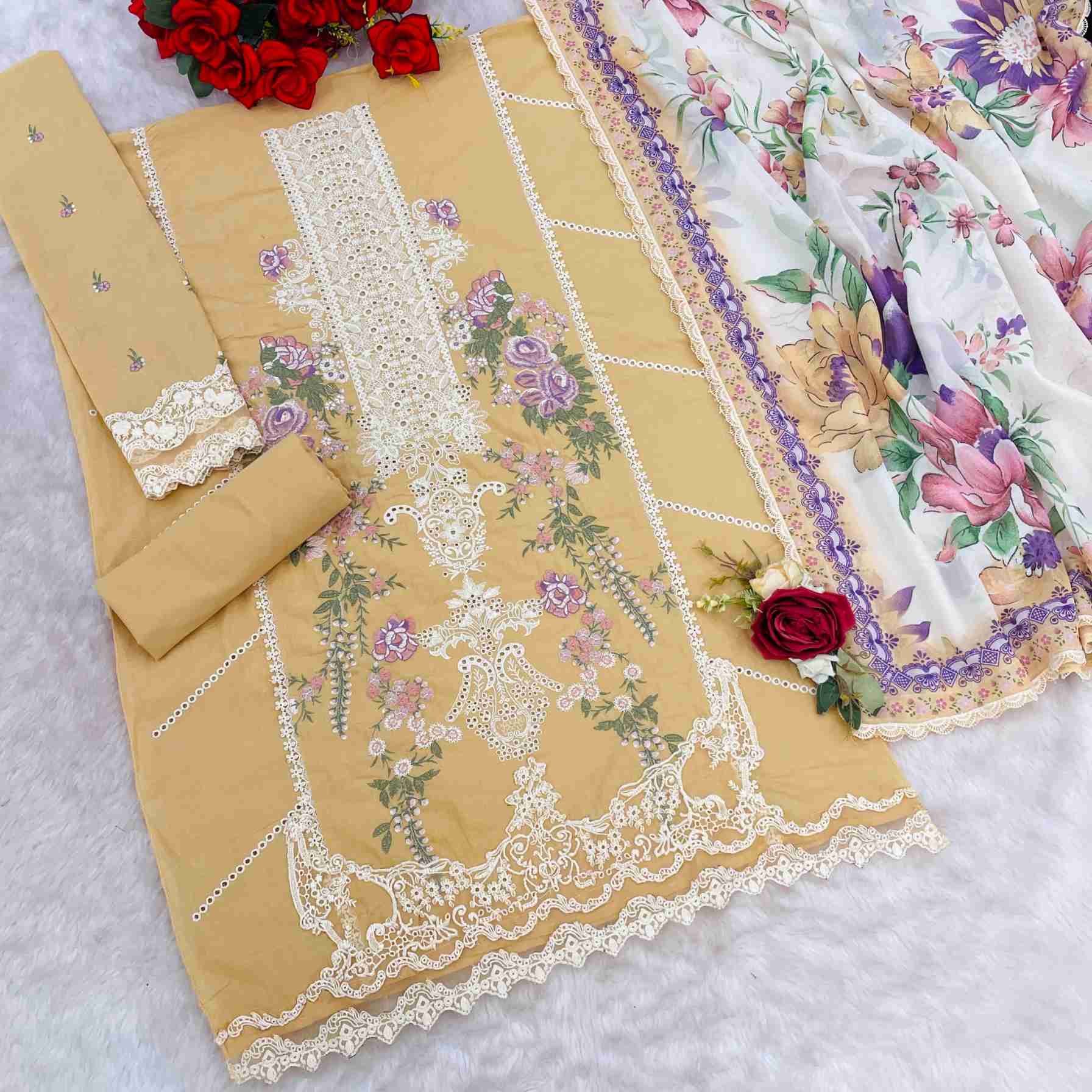 Pure Cambric Cotton with Heavy Embroidered boring Sequence Thread work Suit
