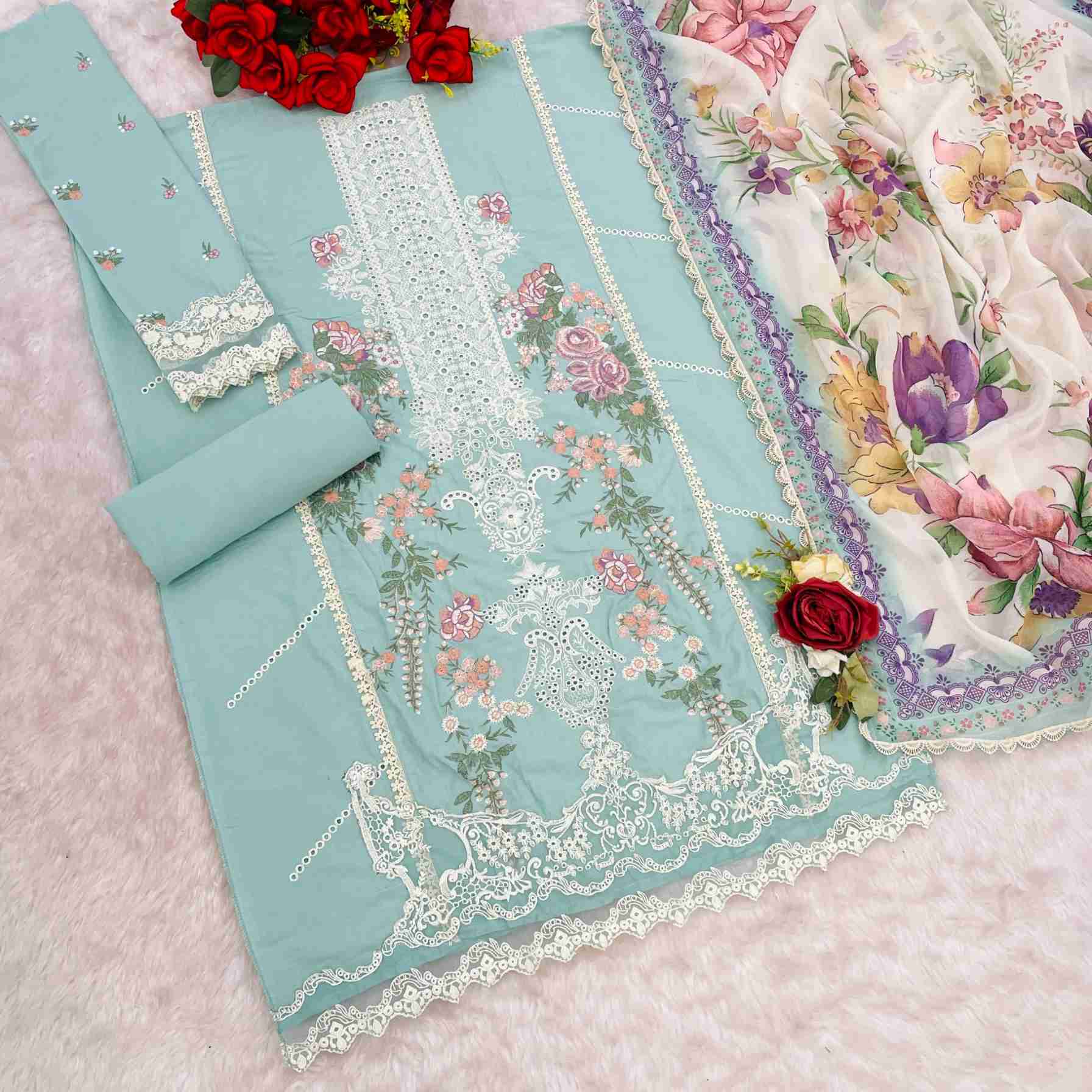 Pure Cambric Cotton with Heavy Embroidered boring Sequence Thread work Suit