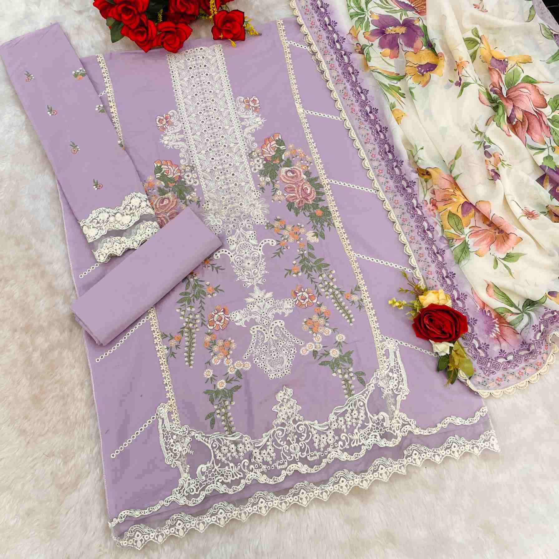 Pure Cambric Cotton with Heavy Embroidered boring Sequence Thread work Suit