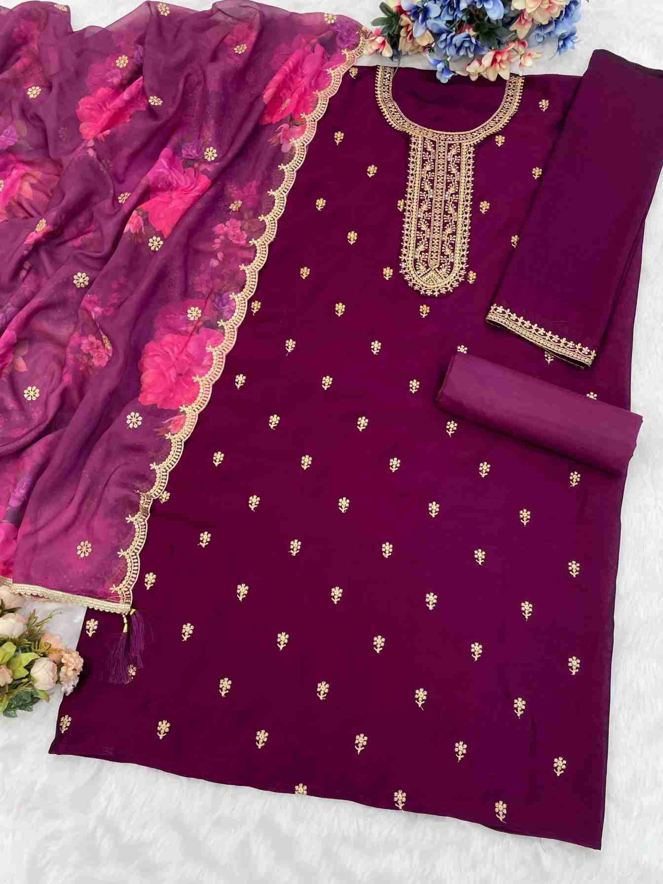 Blooming Vichitra with Heavy Embroidered VISCOSE Thread Jari work Suit