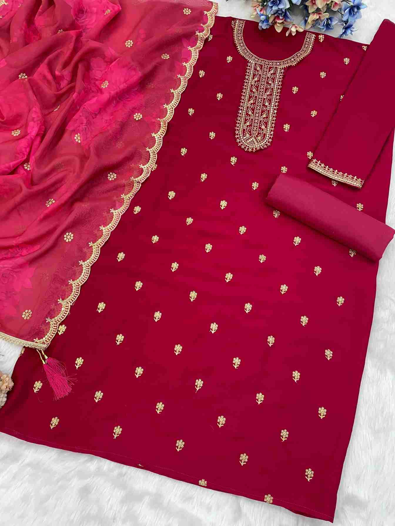 Blooming Vichitra with Heavy Embroidered VISCOSE Thread Jari work Suit