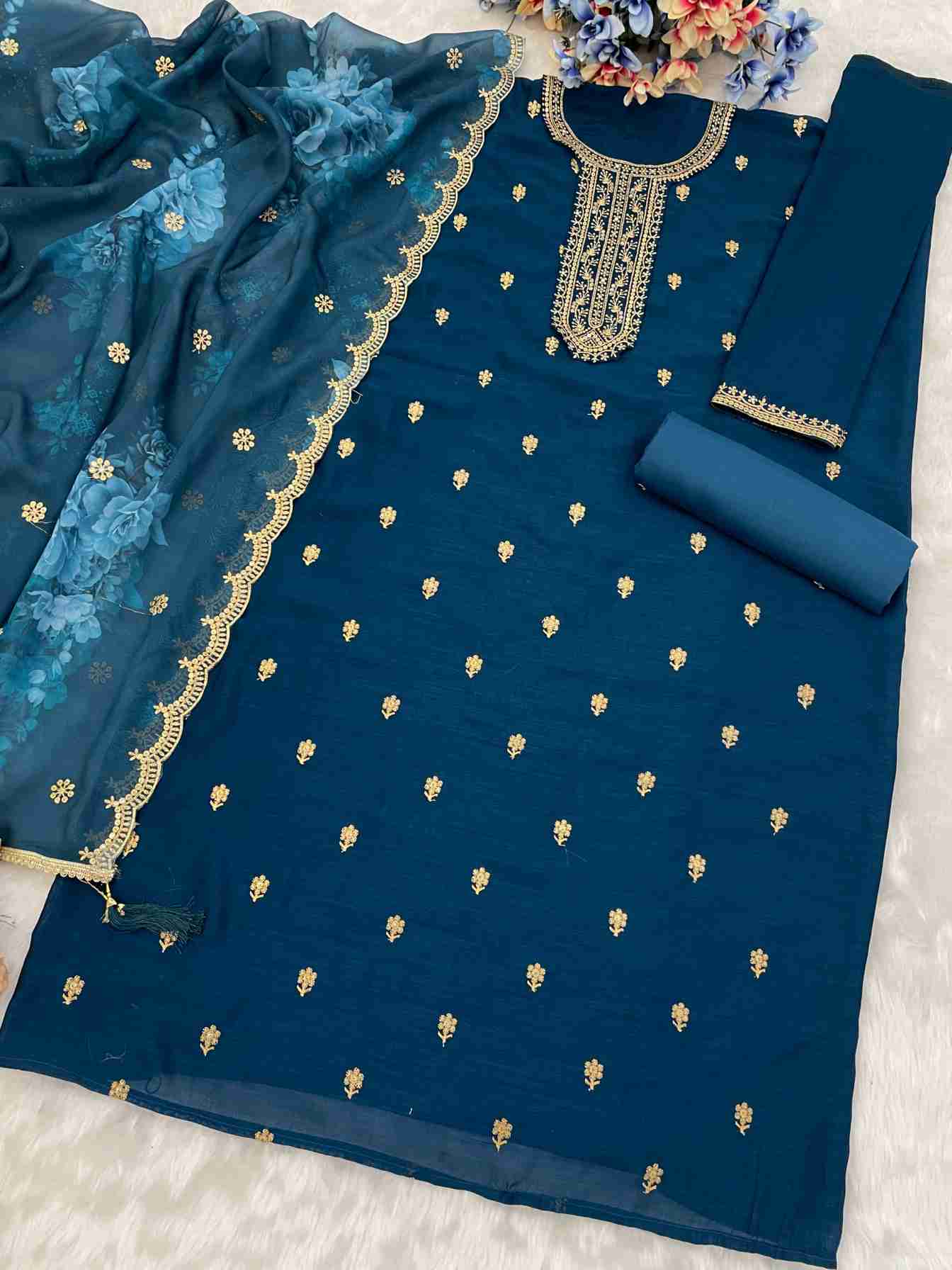 Blooming Vichitra with Heavy Embroidered VISCOSE Thread Jari work Suit