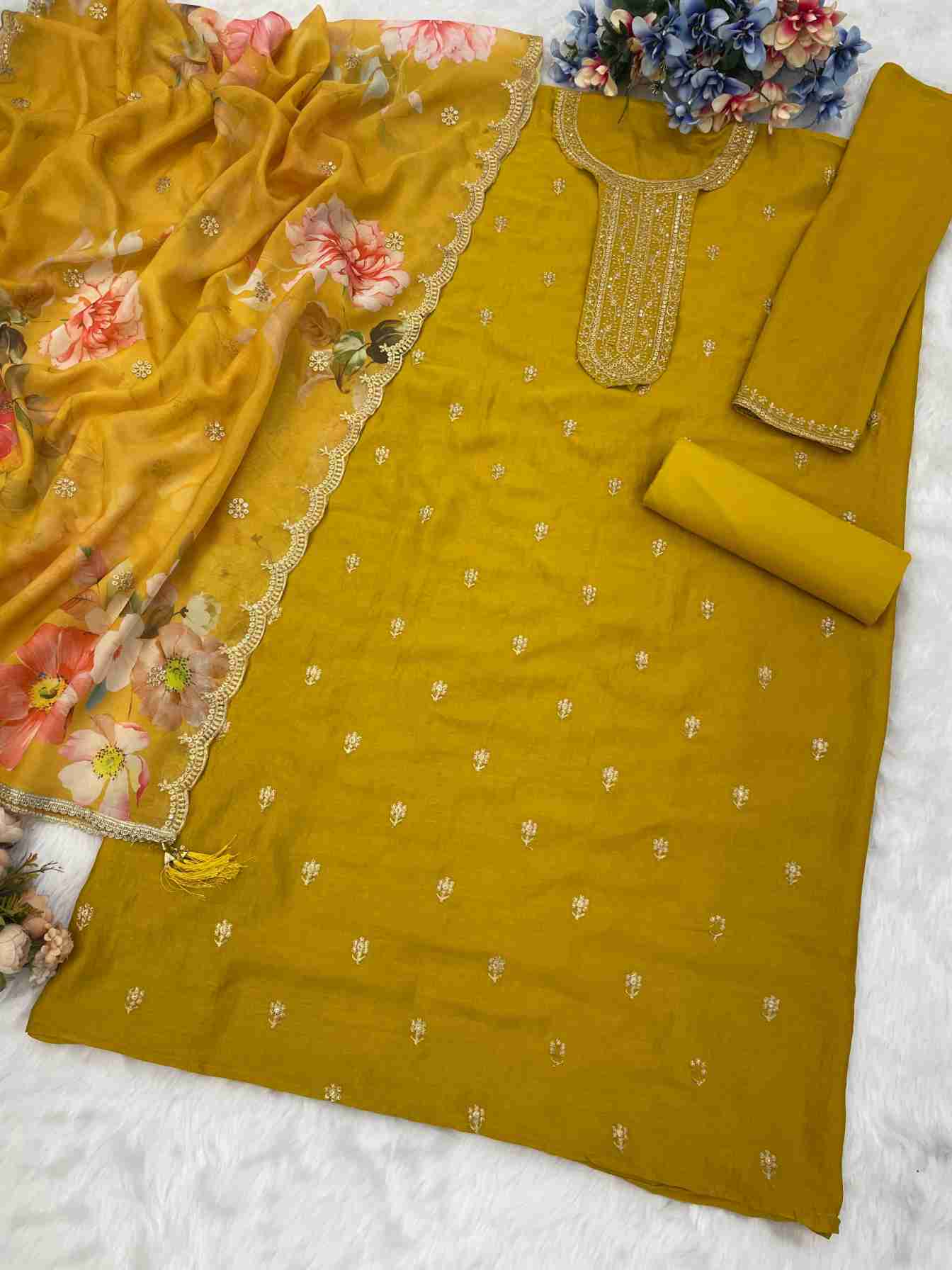 Blooming Vichitra with Heavy Embroidered VISCOSE Thread Jari work Suit