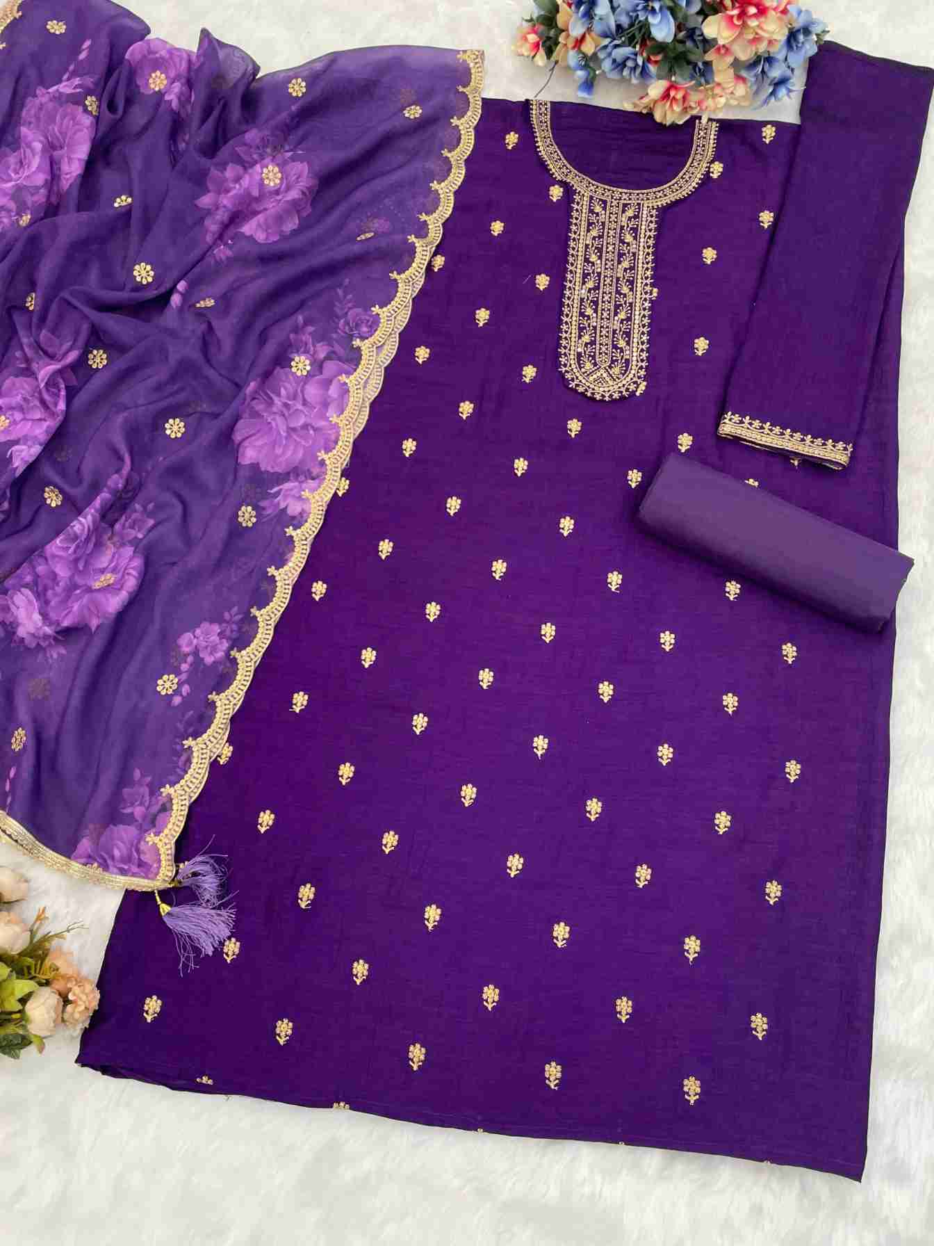 Blooming Vichitra with Heavy Embroidered VISCOSE Thread Jari work Suit