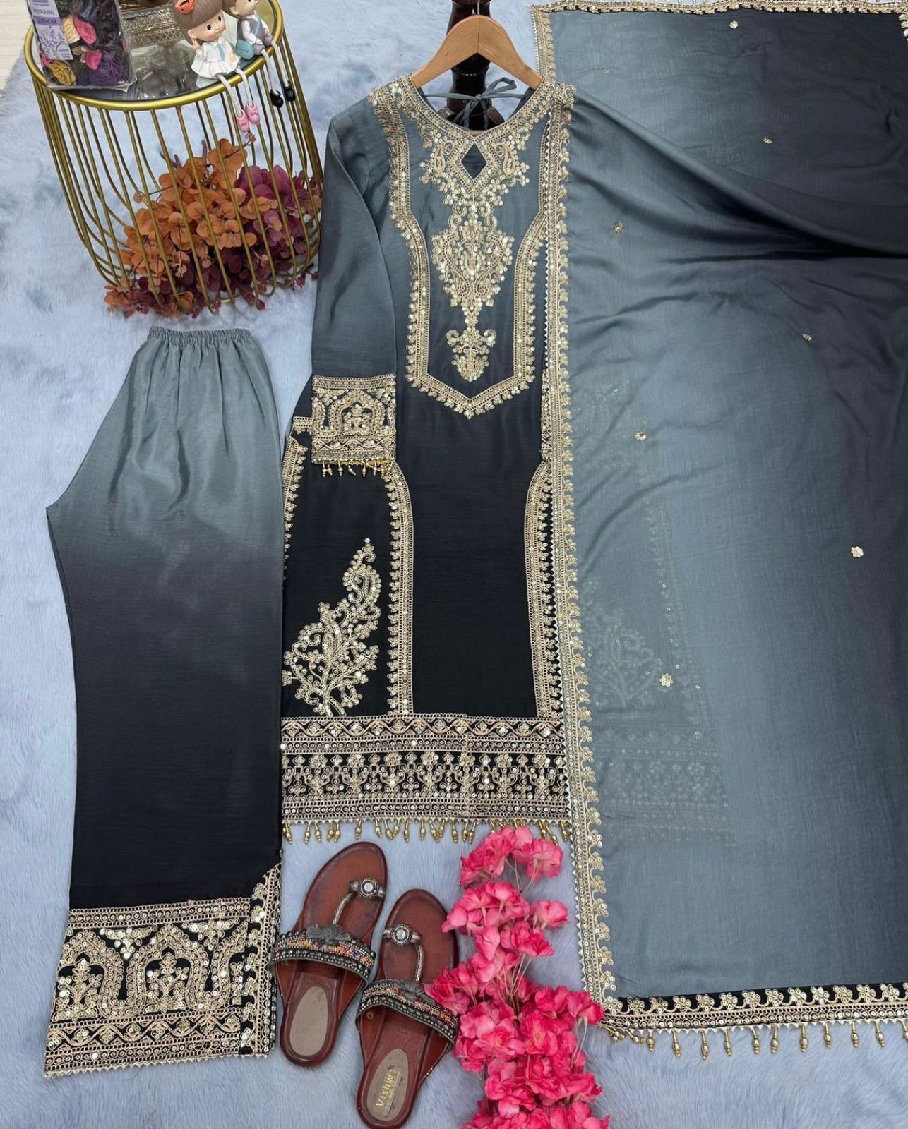 HEAVY CHINNON with Embroidery Work Suit