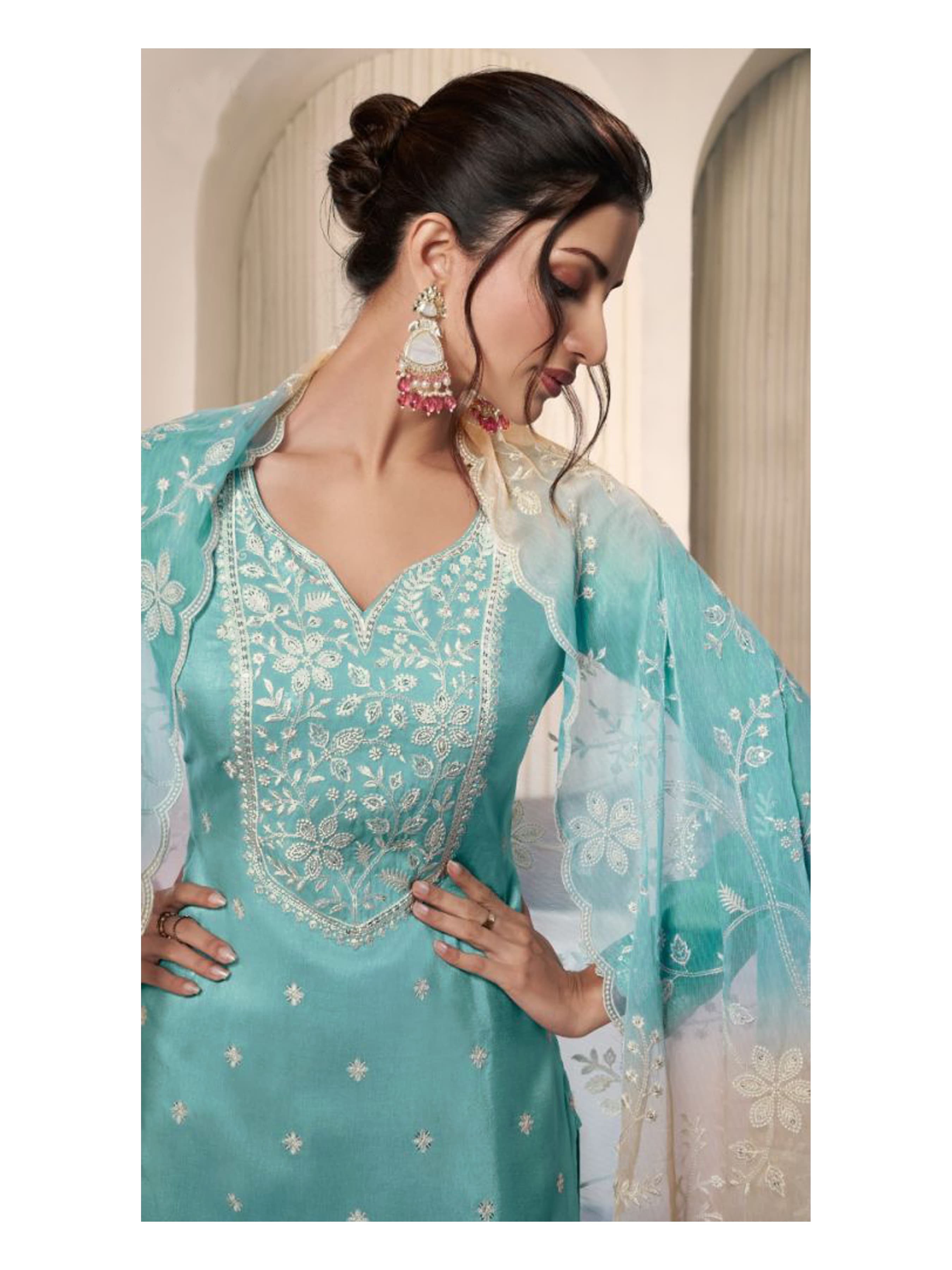 Moonga Silk  With  Sequence Embroidery Fency Thred Work Suit