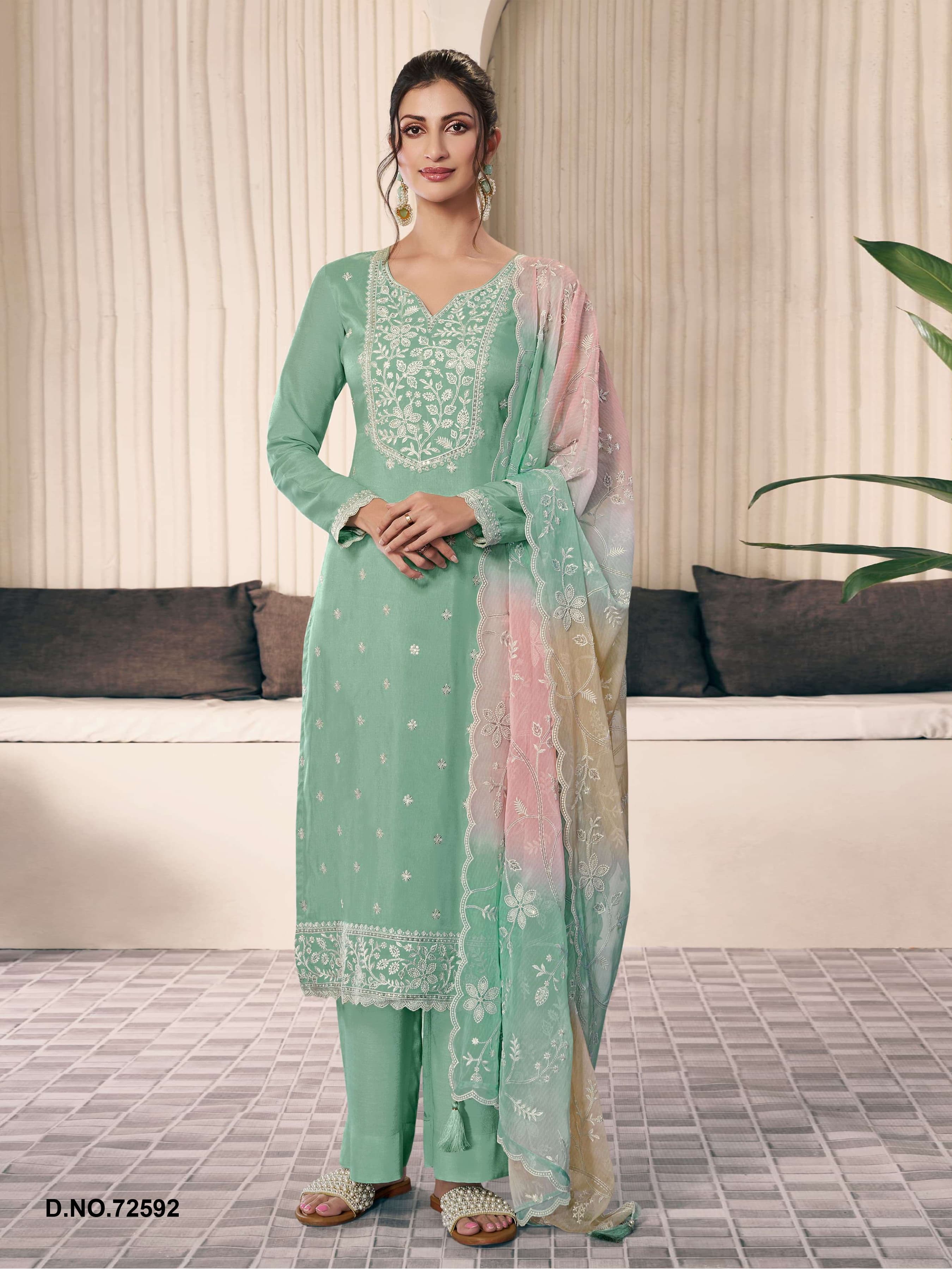 Moonga Silk  With  Sequence Embroidery Fency Thred Work Suit