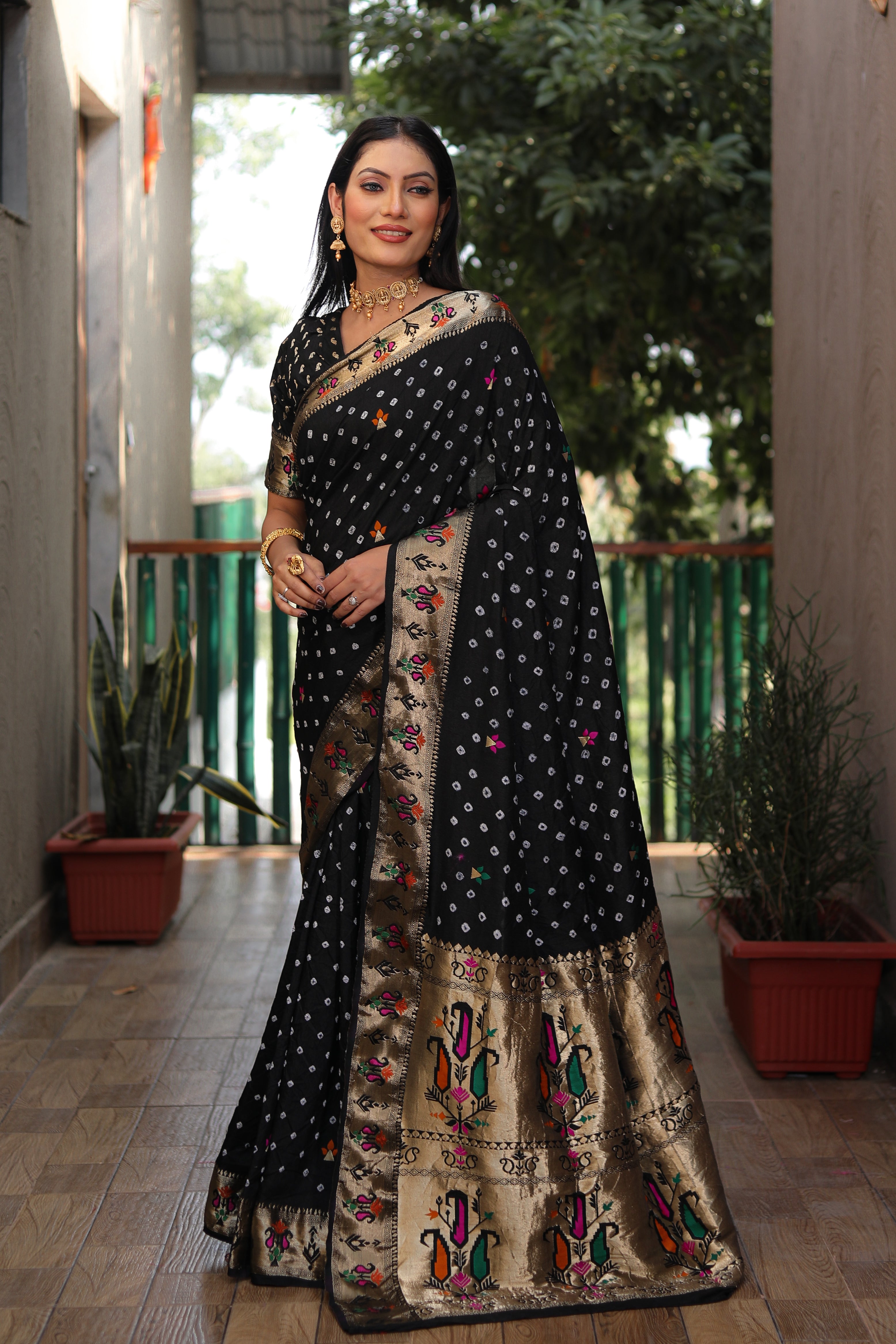 Black Paithani with Bandhej Saree With Jari Weaving