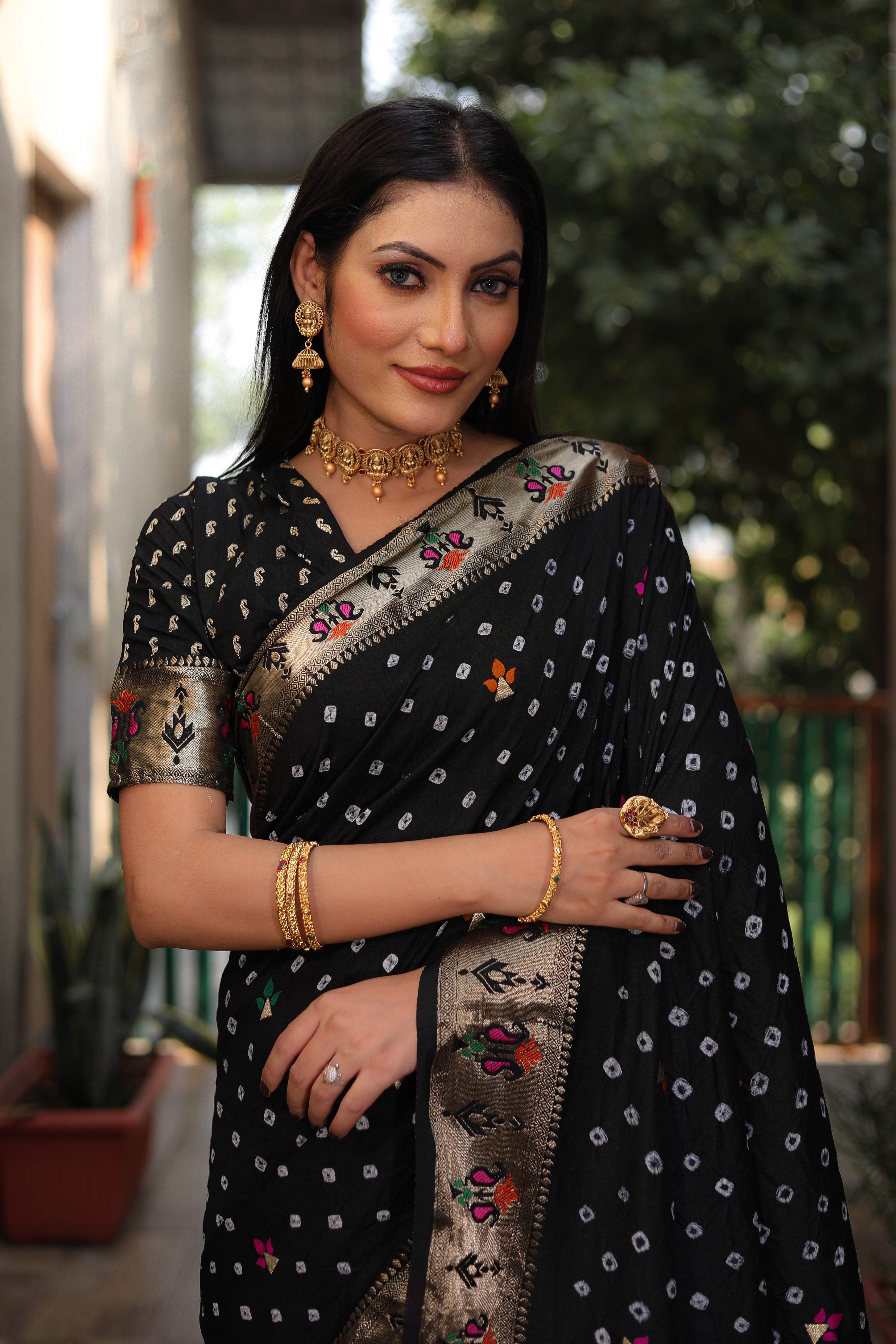 Black Paithani with Bandhej Saree With Jari Weaving