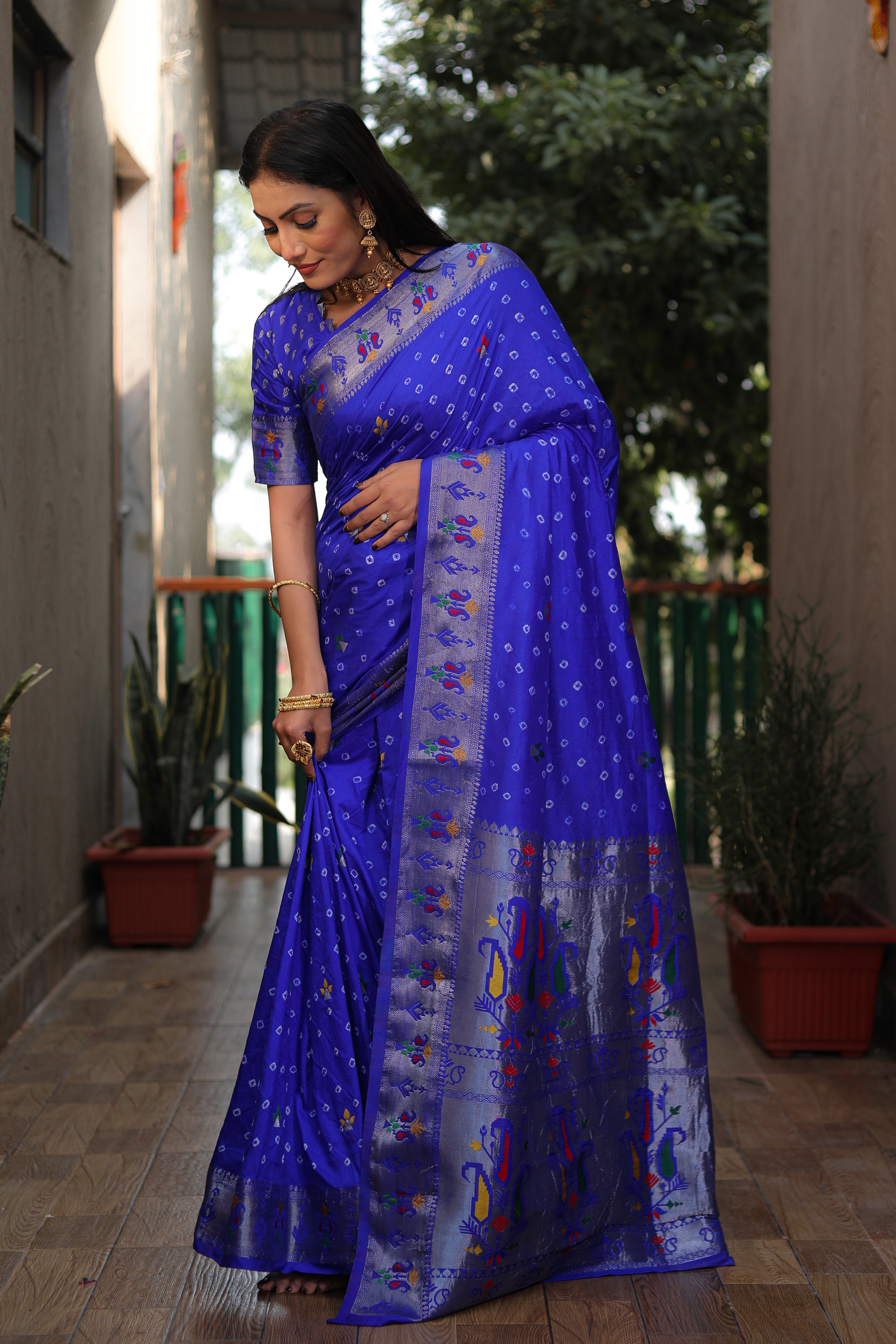 Blue Paithani with Bandhej Saree With Jari Weaving