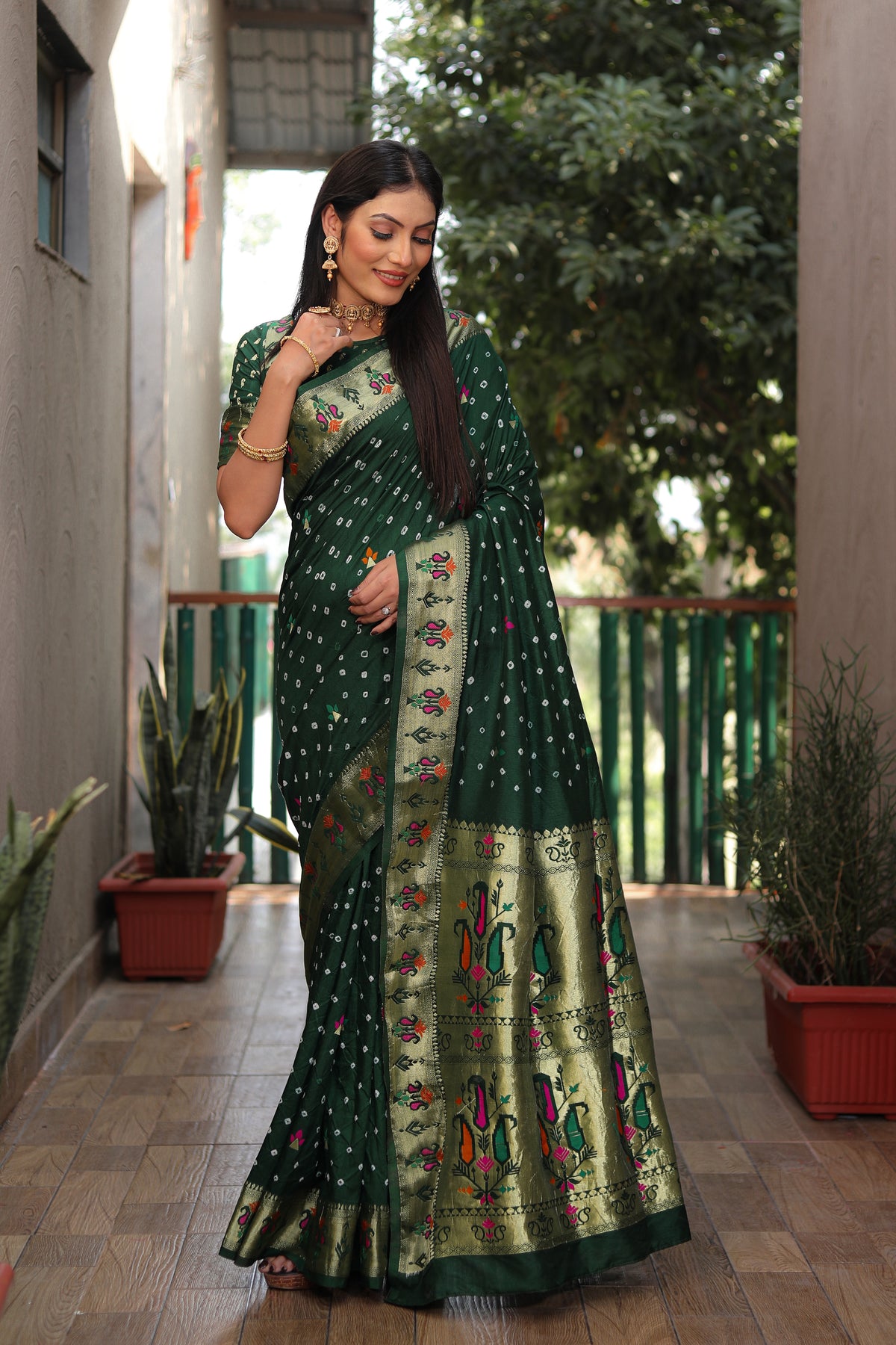 Dark Green Paithani with Bandhej Saree With Jari Weaving