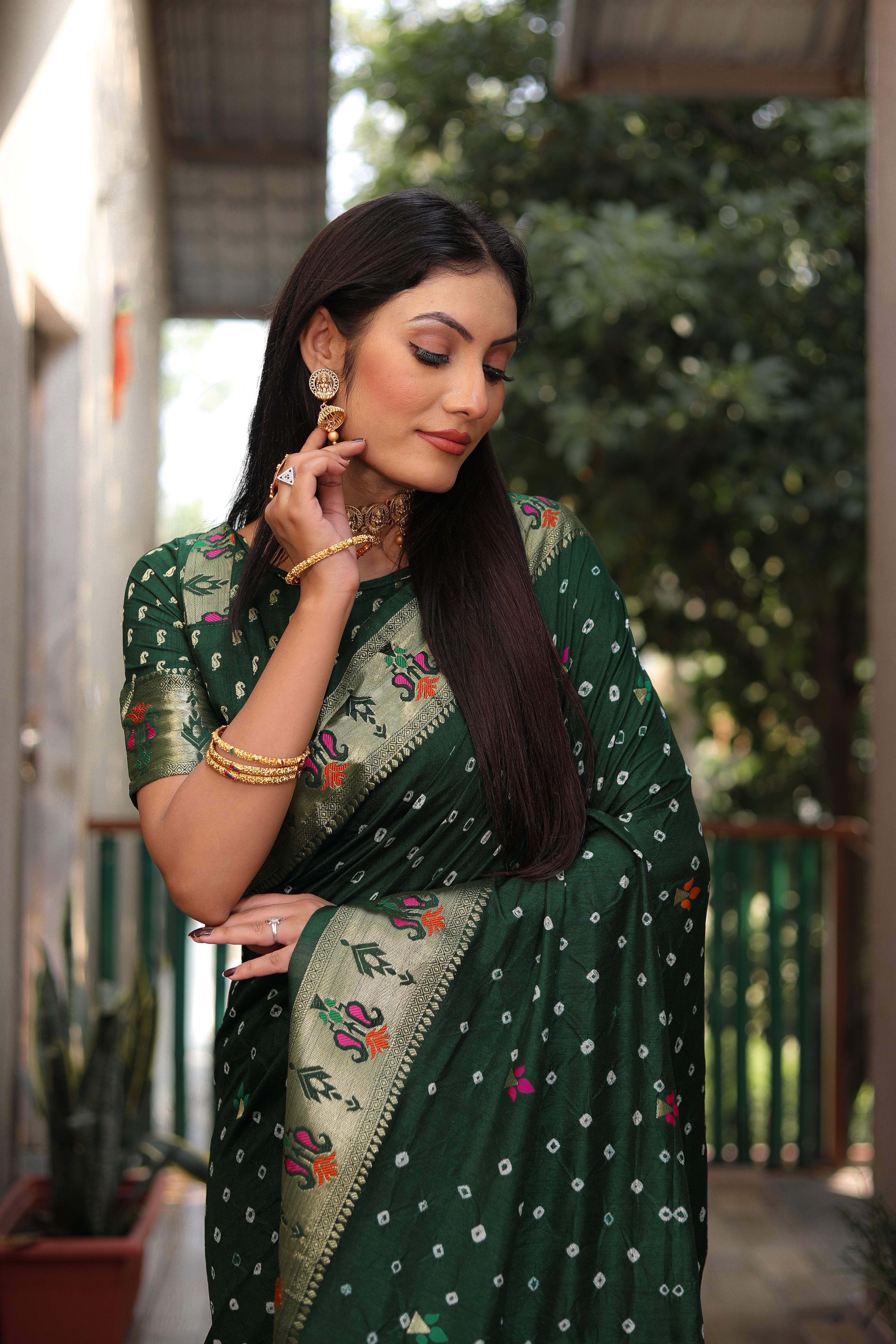 Dark Green Paithani with Bandhej Saree With Jari Weaving