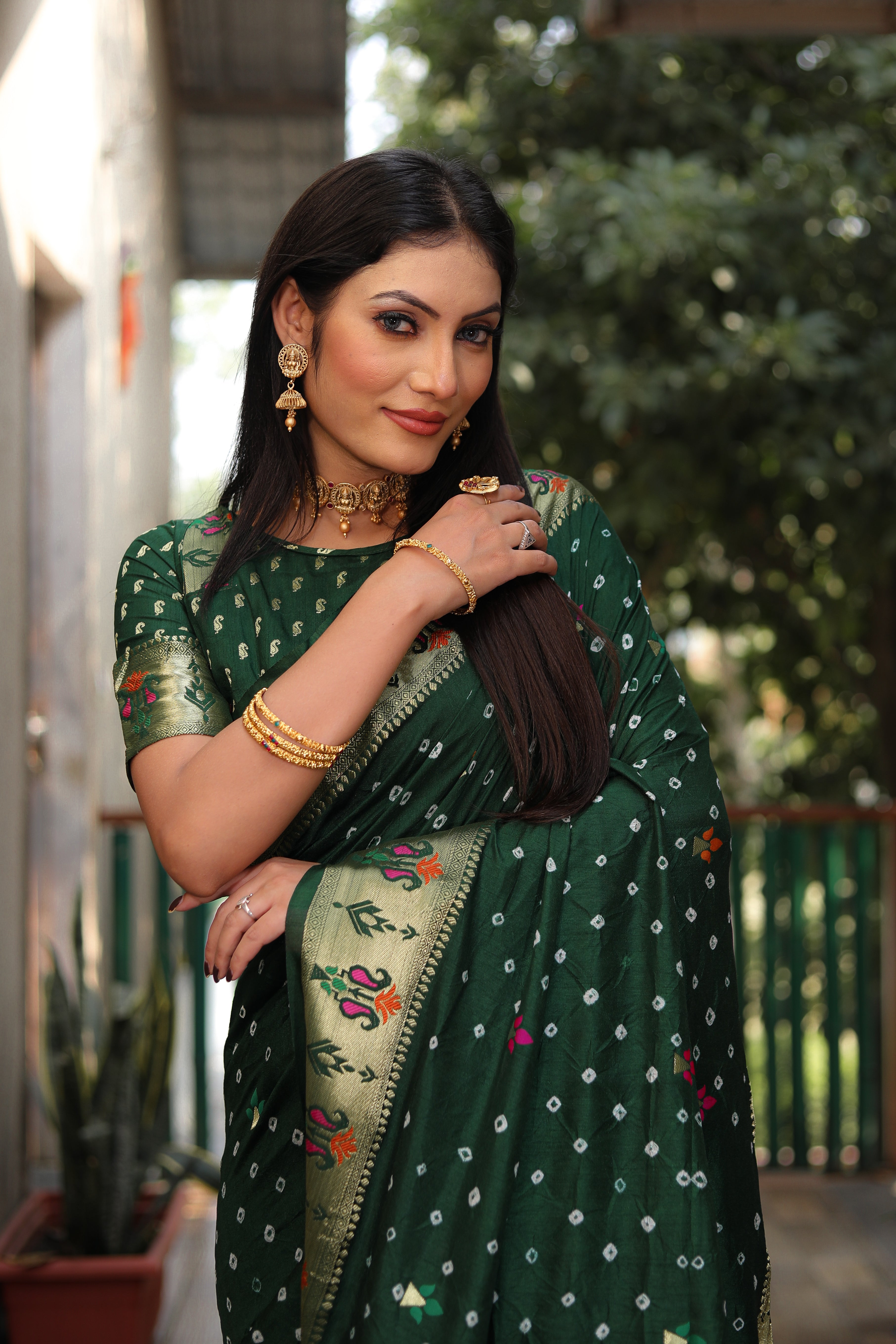 Dark Green Paithani with Bandhej Saree With Jari Weaving