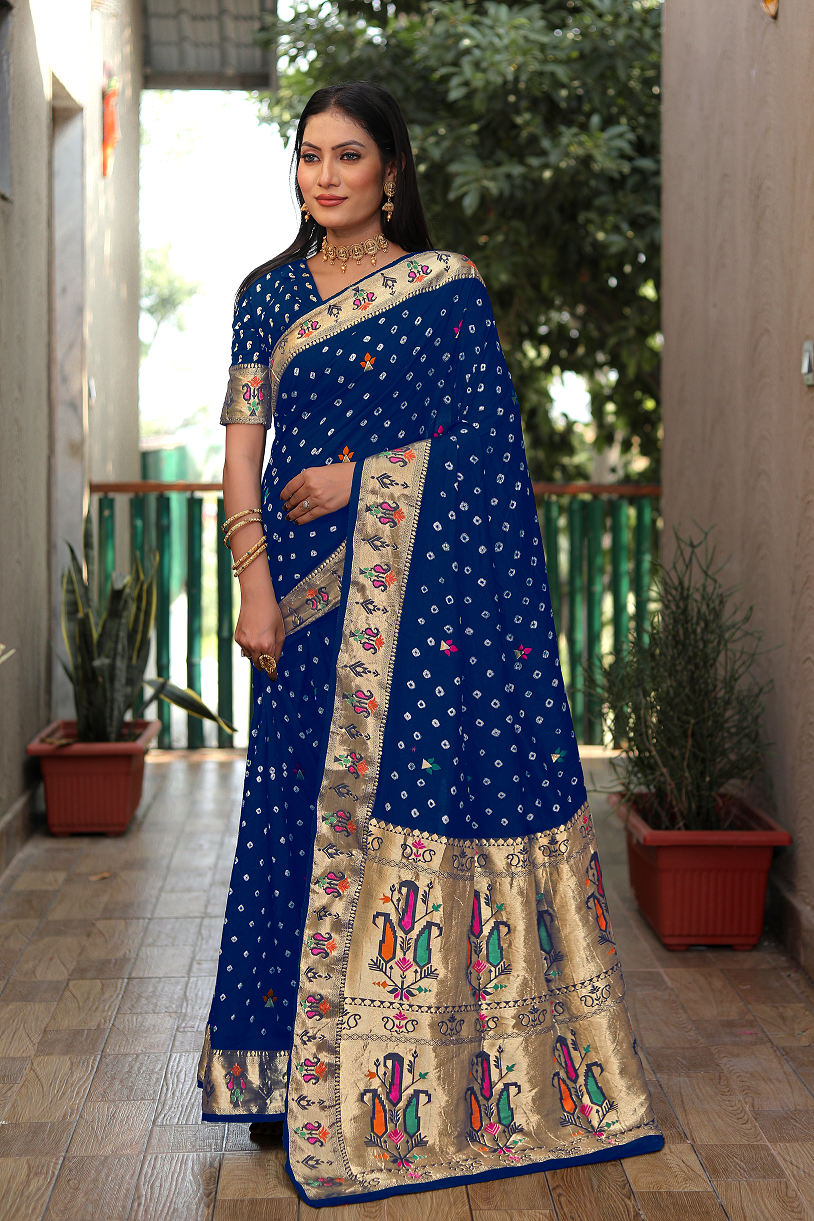 Navy Blue Paithani with Bandhej Saree With Jari Weaving