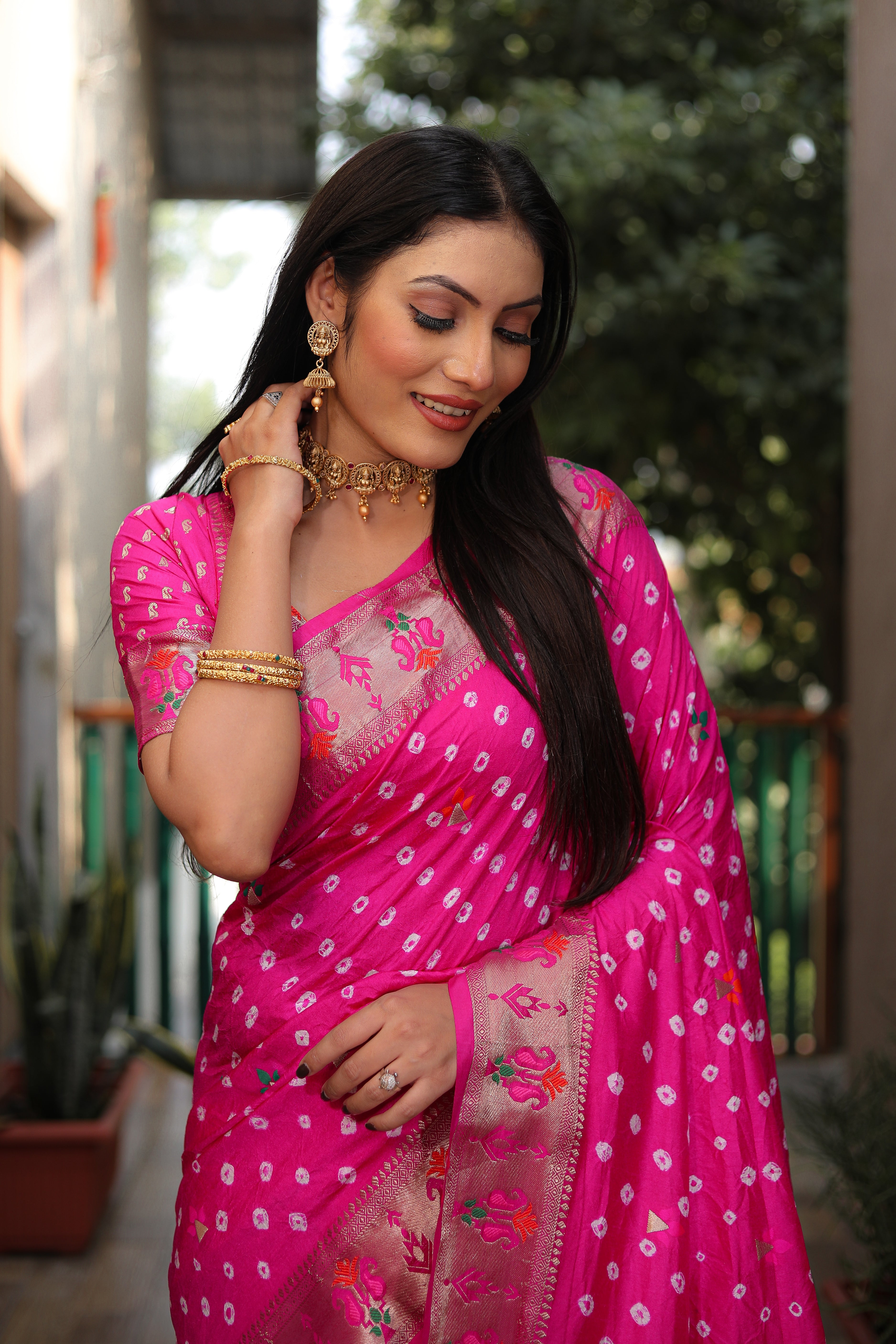 Pink Paithani with Bandhej Saree With Jari Weaving