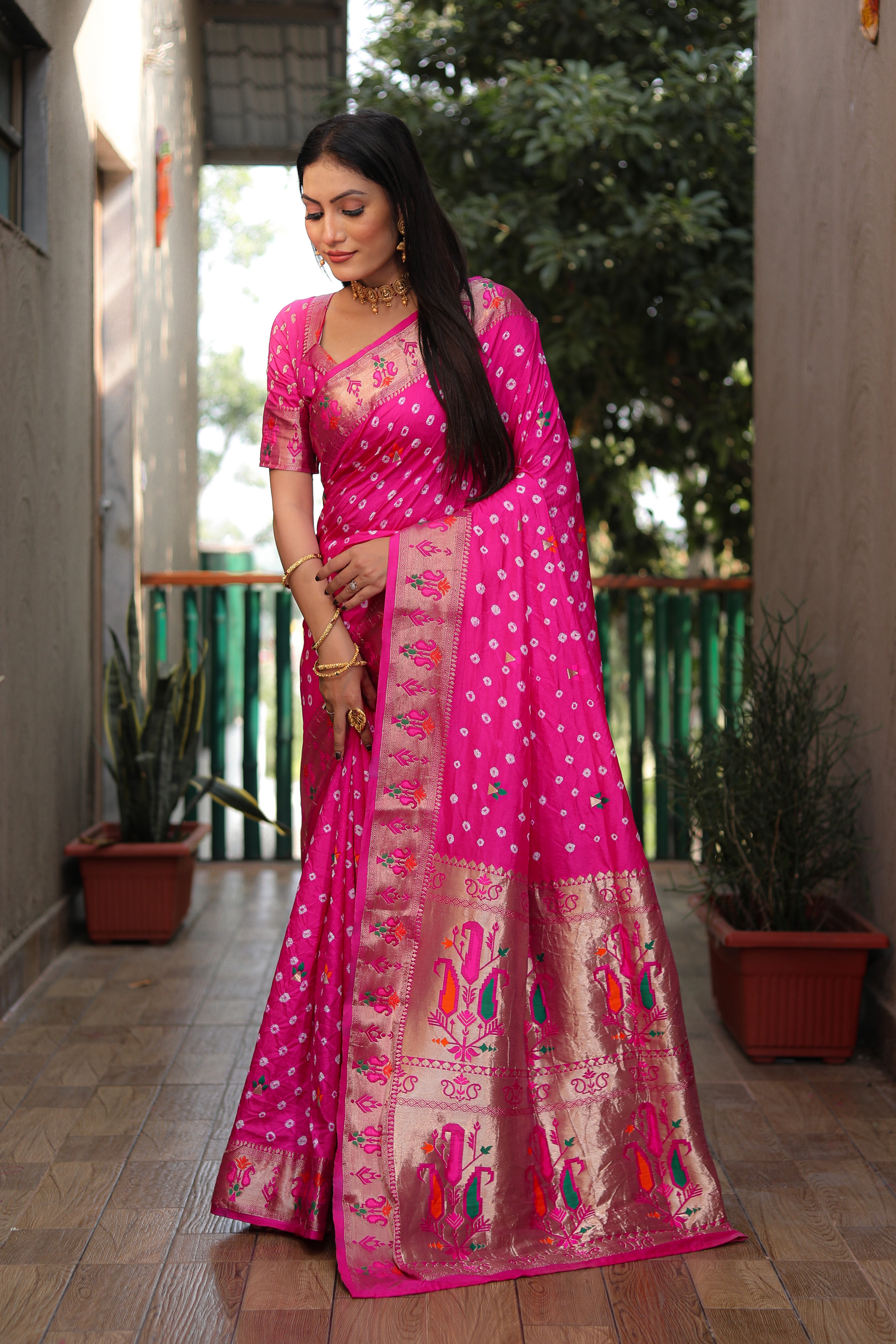 Pink Paithani with Bandhej Saree With Jari Weaving