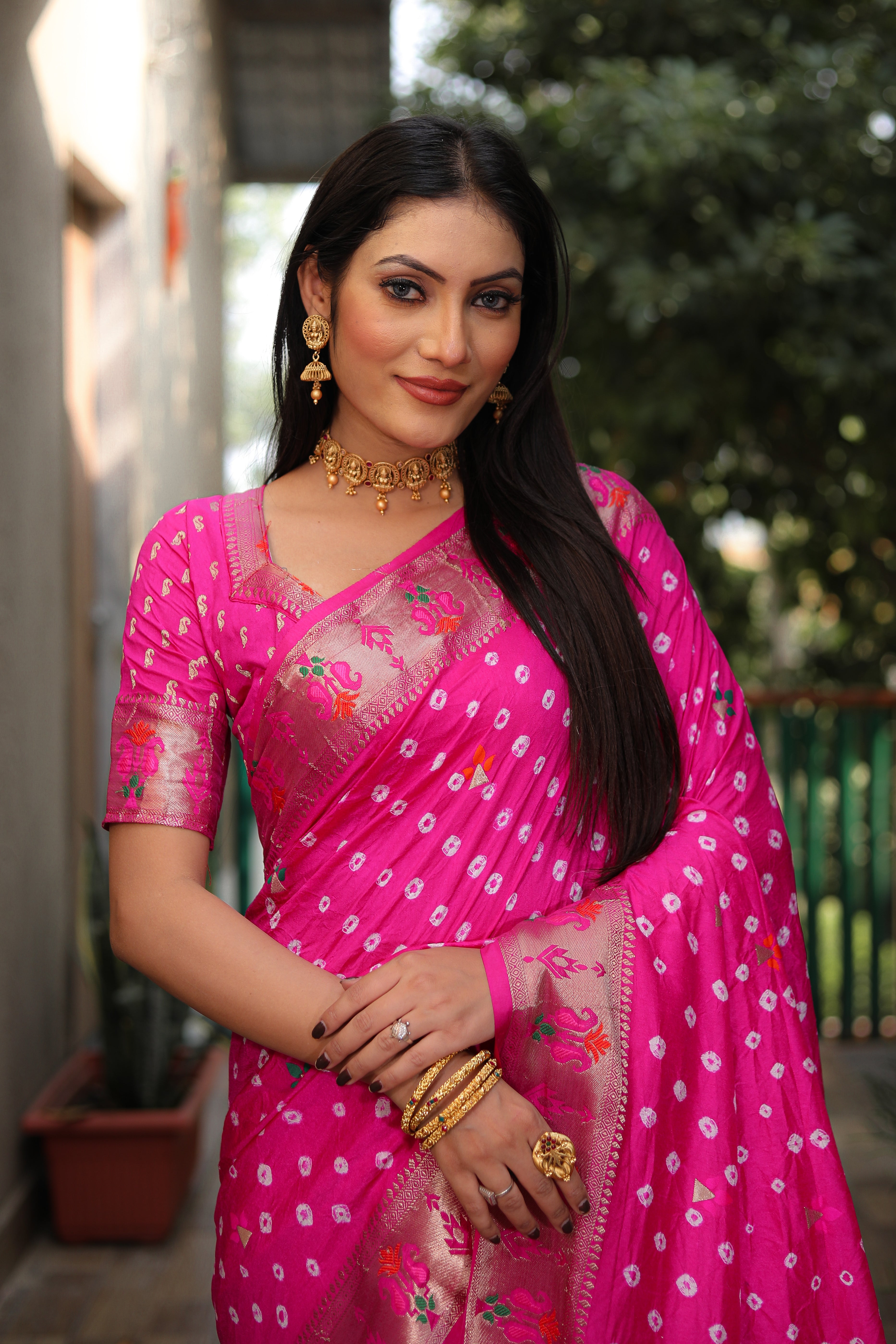 Pink Paithani with Bandhej Saree With Jari Weaving