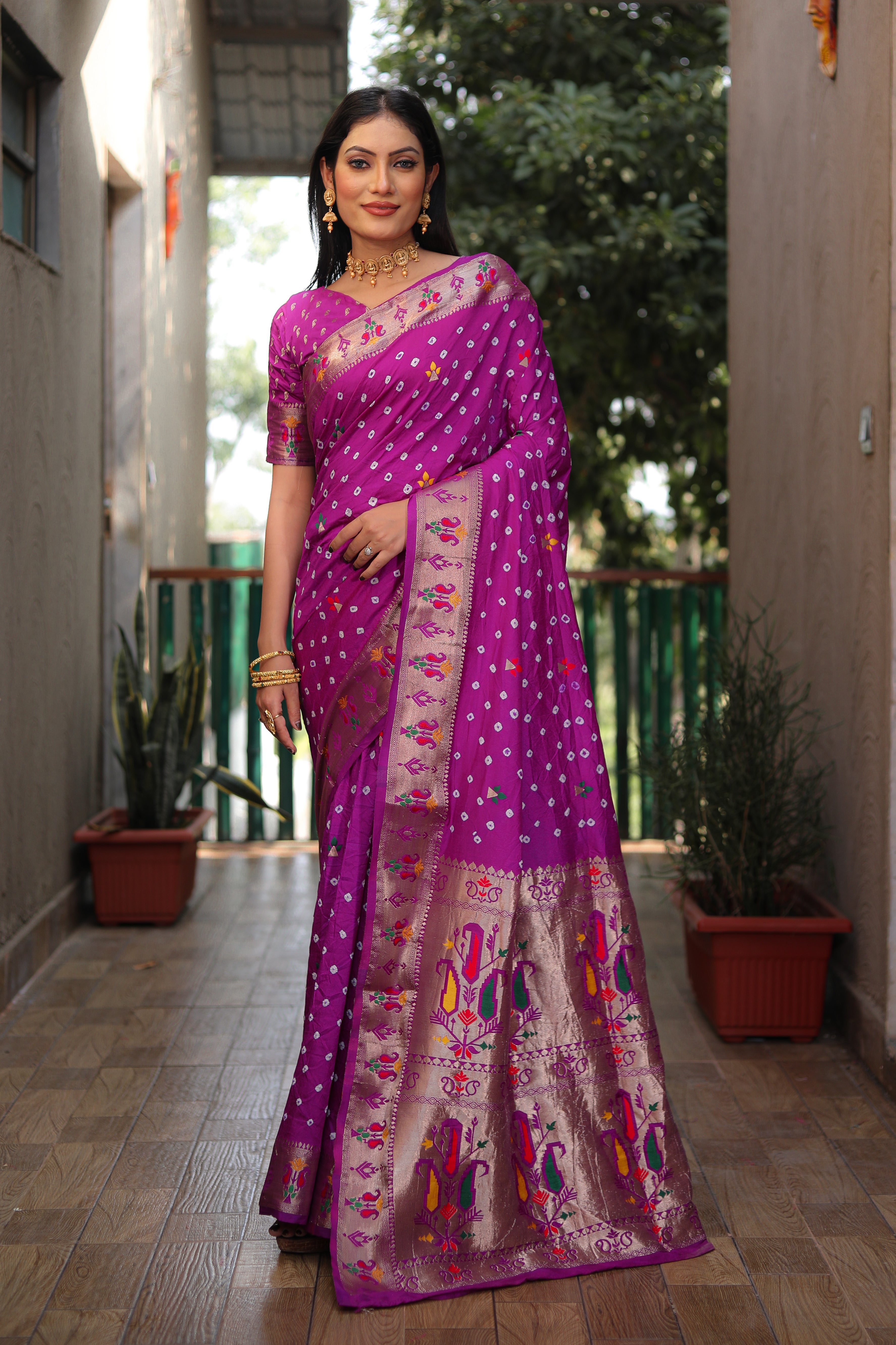 Purple Paithani with Bandhej Saree With Jari Weaving