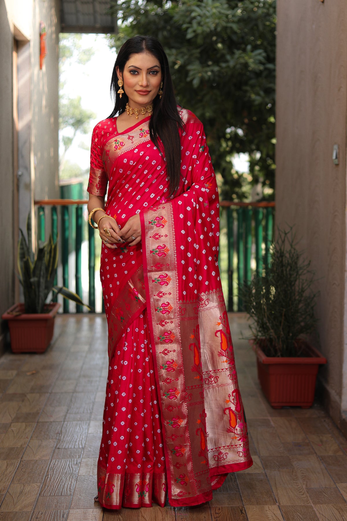 Red Paithani with Bandhej Saree With Jari Weaving