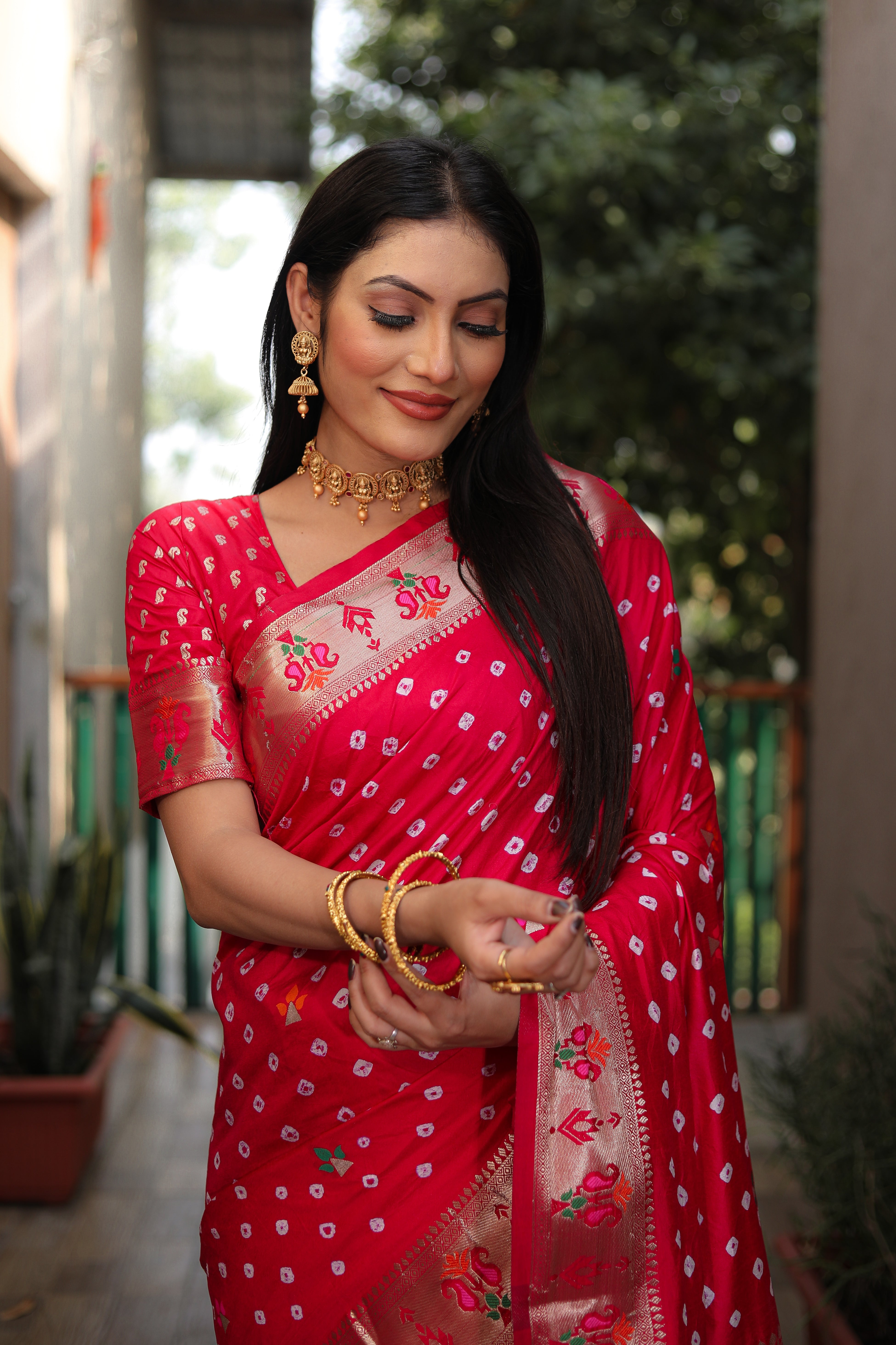 Red Paithani with Bandhej Saree With Jari Weaving