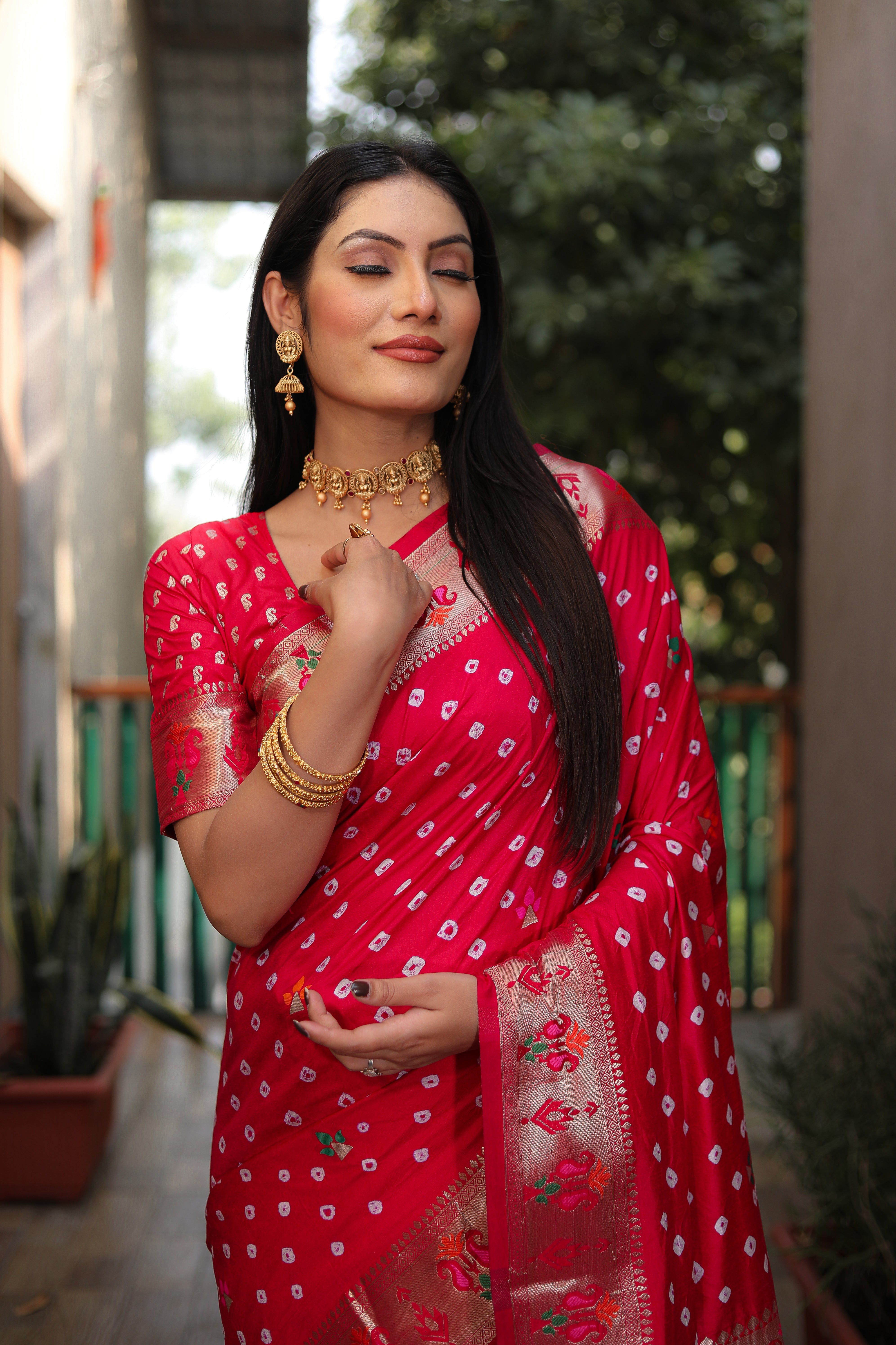 Red Paithani with Bandhej Saree With Jari Weaving