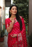 Red Paithani with Bandhej Saree With Jari Weaving